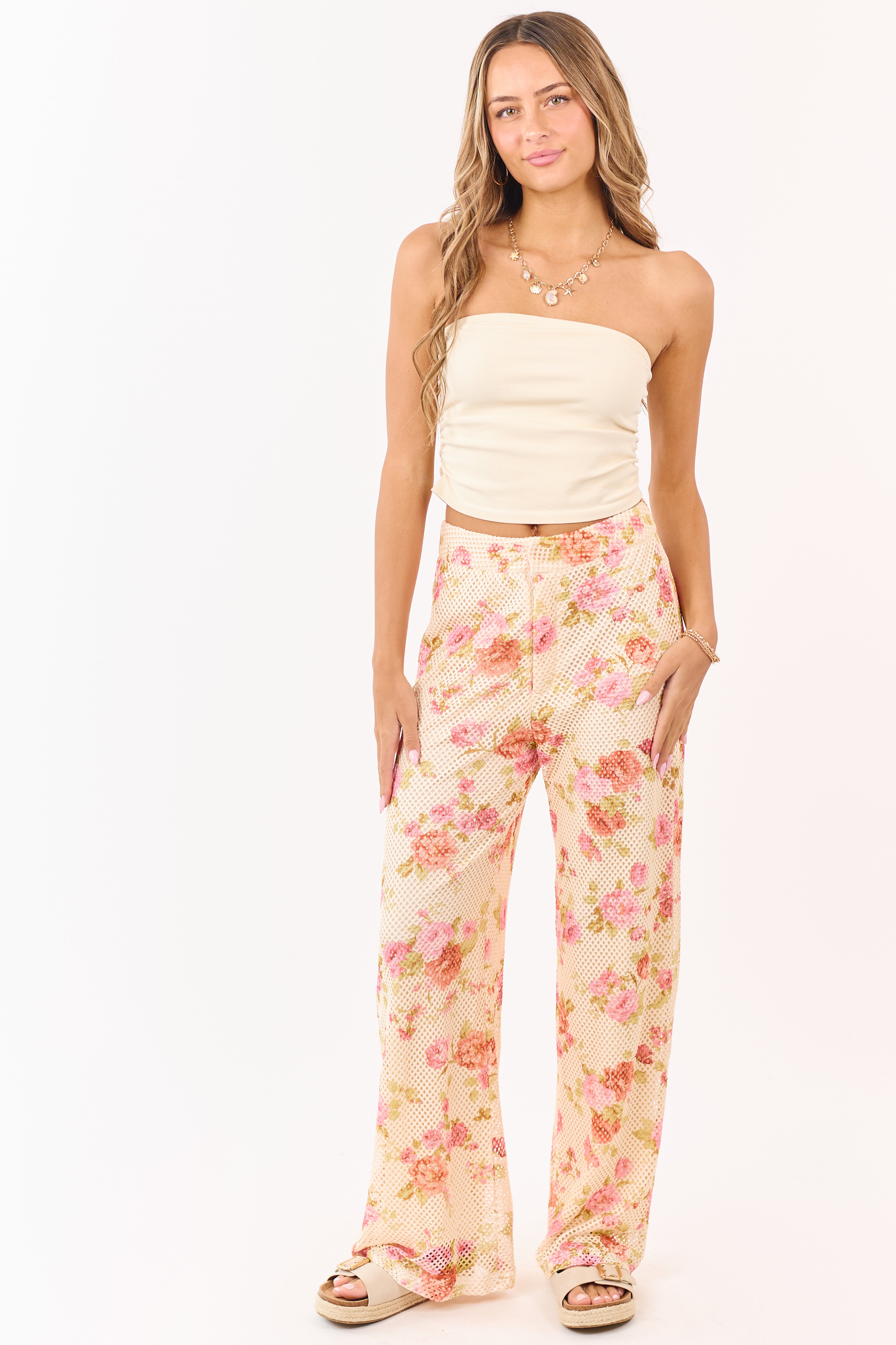 Cream Floral Print Wide Leg Scuba Knit Mesh Pants