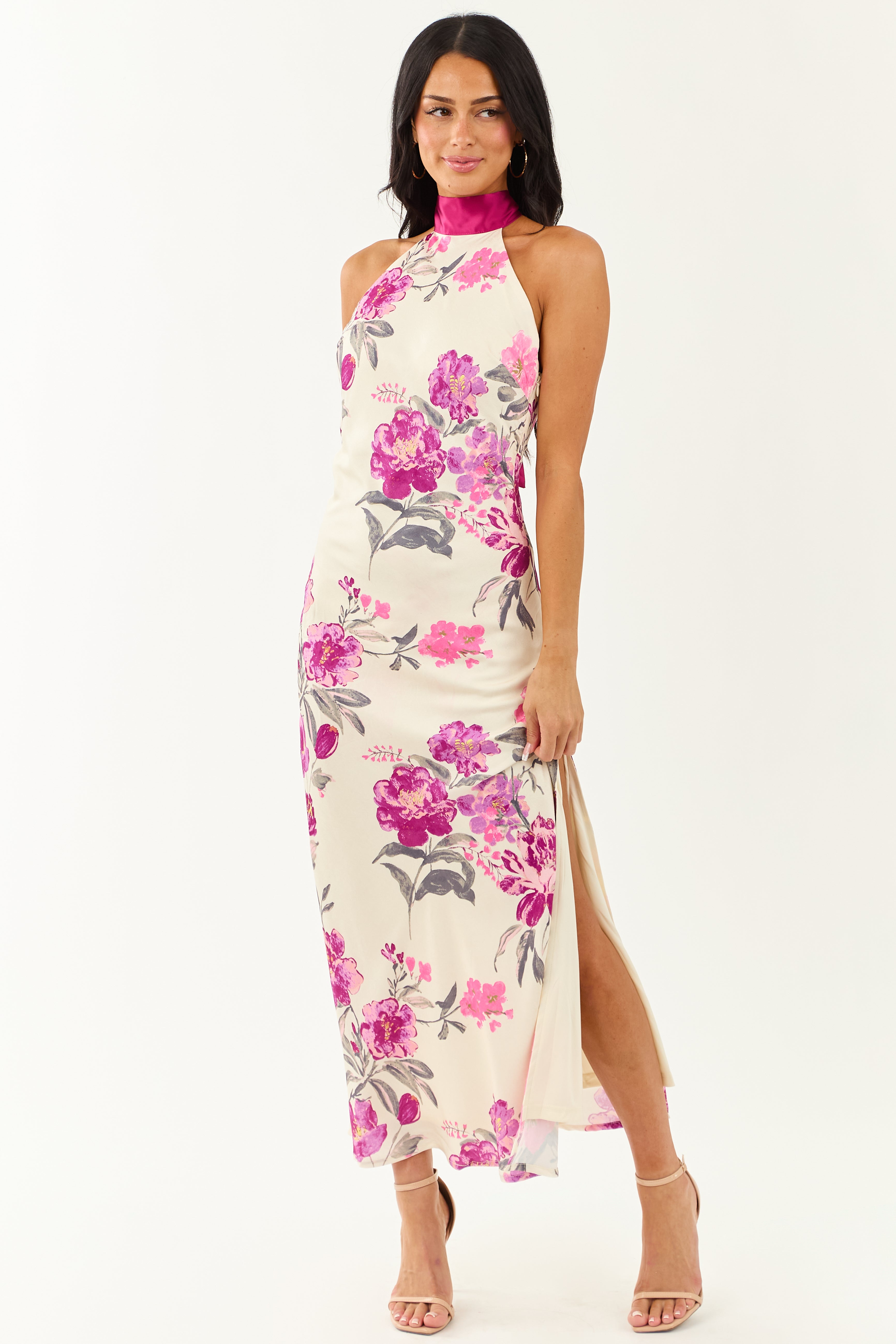 Cream Floral Satin Halter Neck Side Slit Maxi Dress