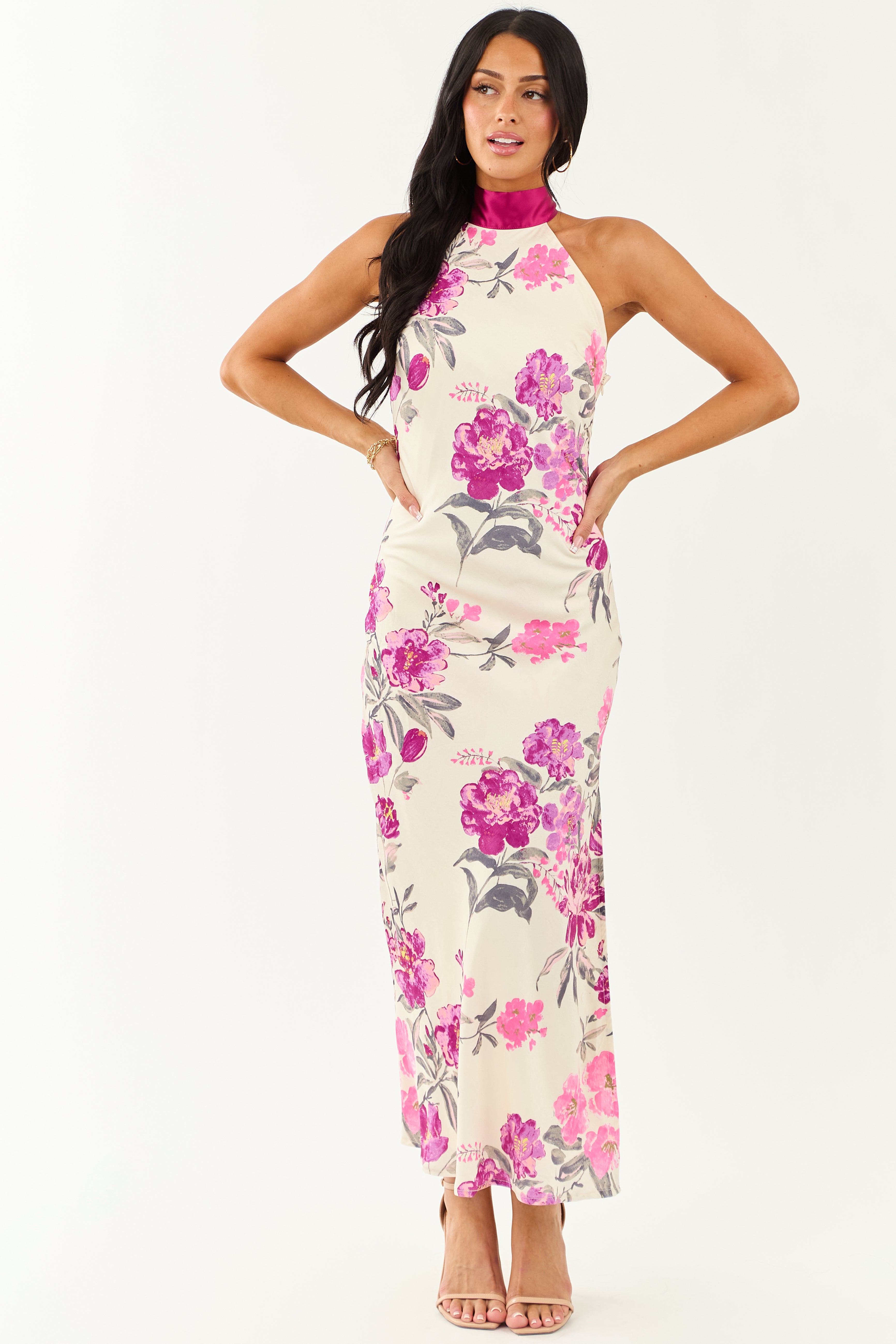 Cream Floral Satin Halter Neck Side Slit Maxi Dress