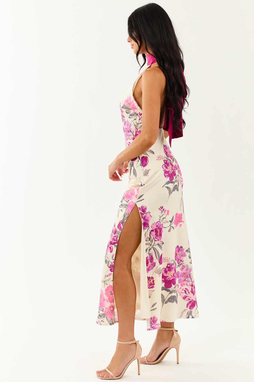 Cream Floral Satin Halter Neck Side Slit Maxi Dress