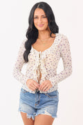 Cream Sheer Floral Lace Front Tie Ruffled Top
