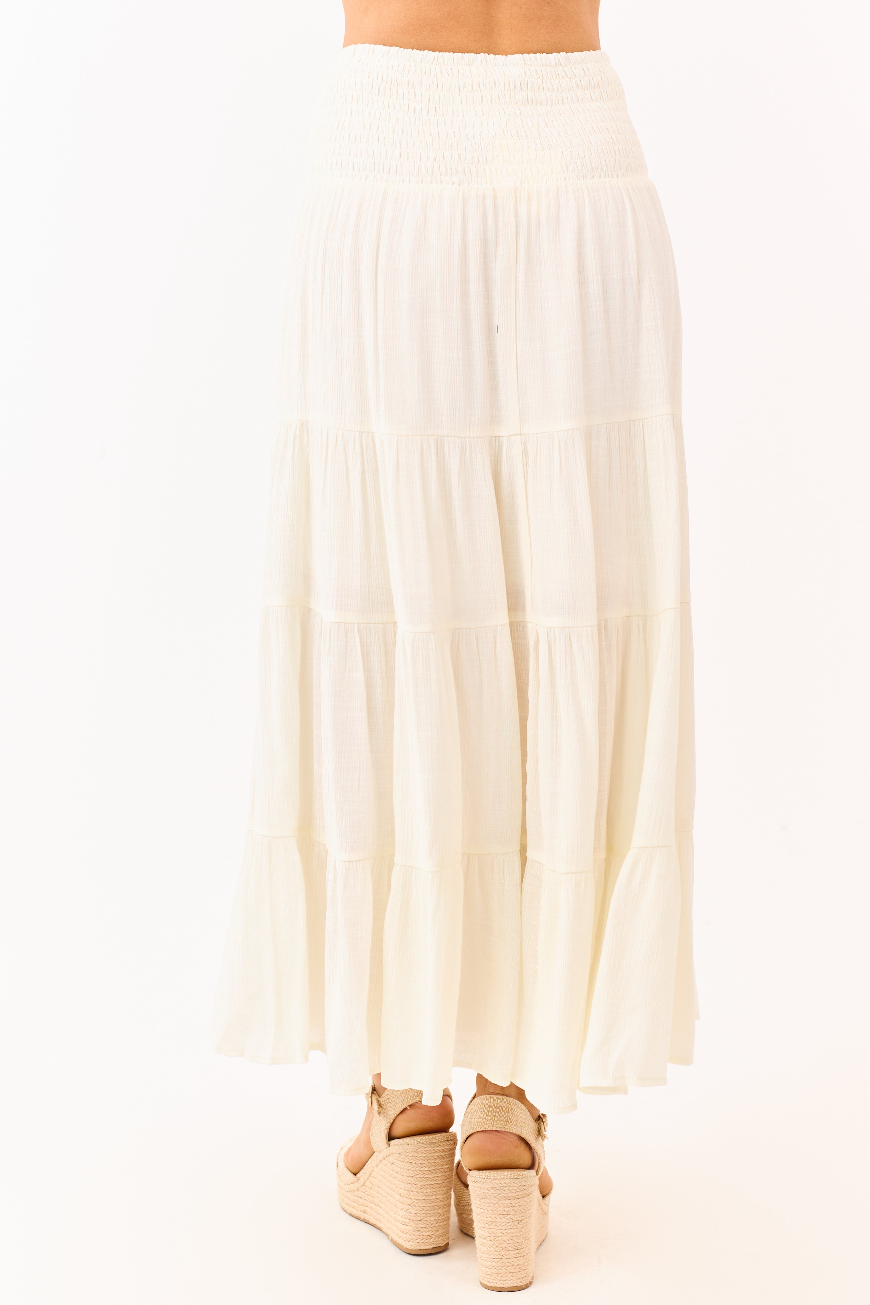 Cream Smocked Waist Tiered Flowy Maxi Skirt