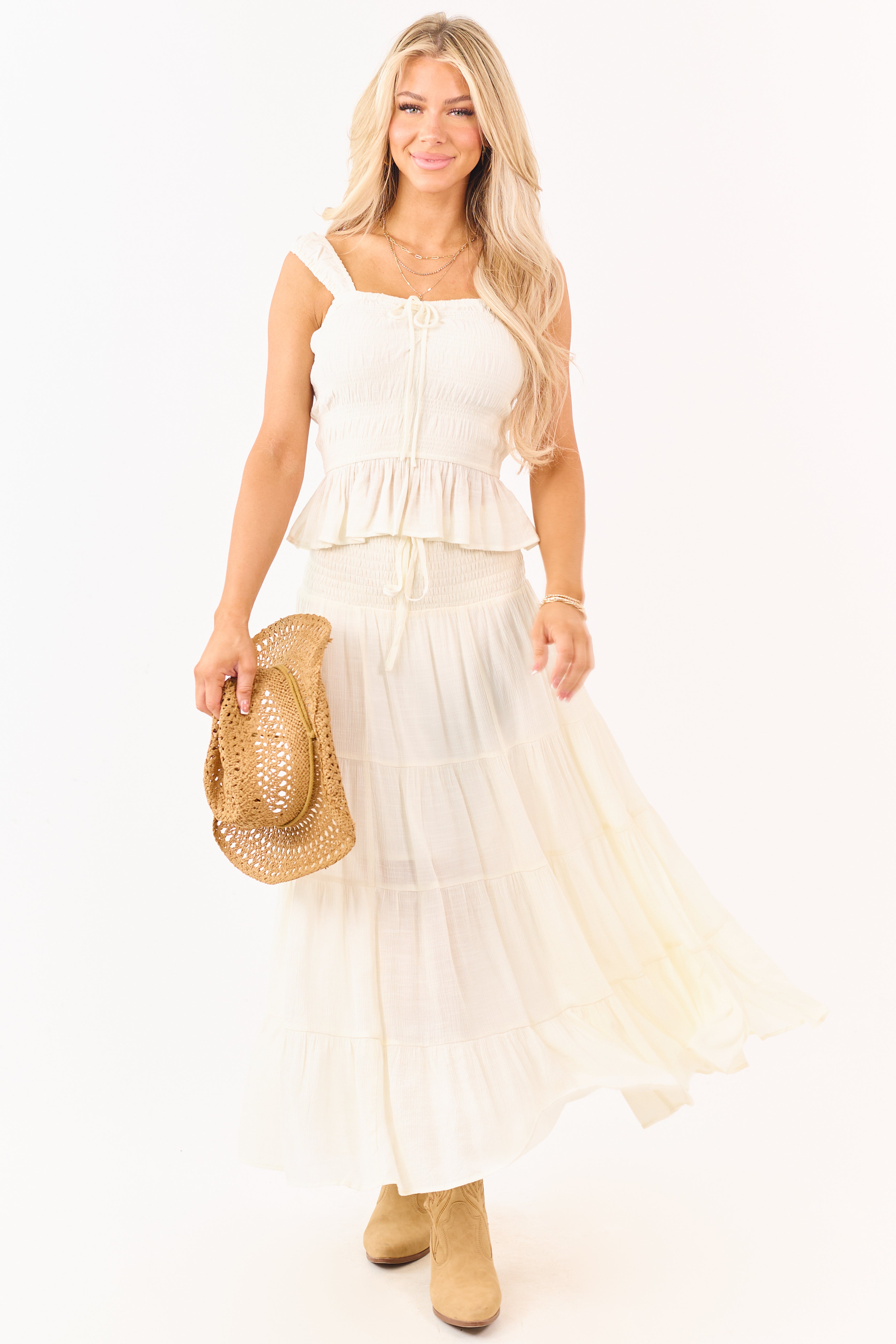 Cream Smocked Waist Tiered Flowy Maxi Skirt