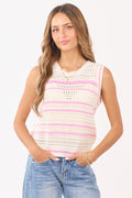 Cream Striped Pointelle Crochet Tank Top