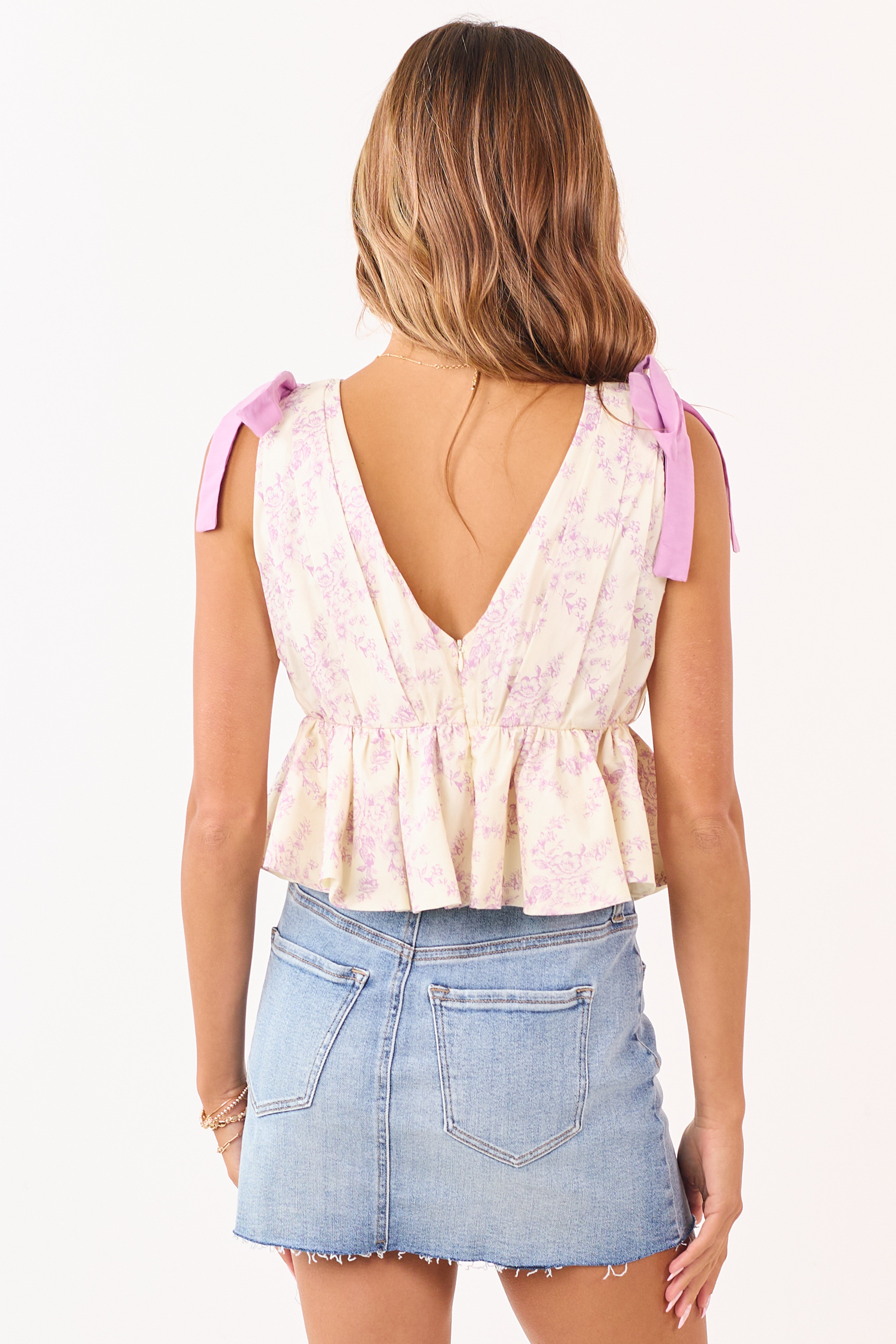 Cream Vintage Floral Ruffle Hem Cotton Tank Top