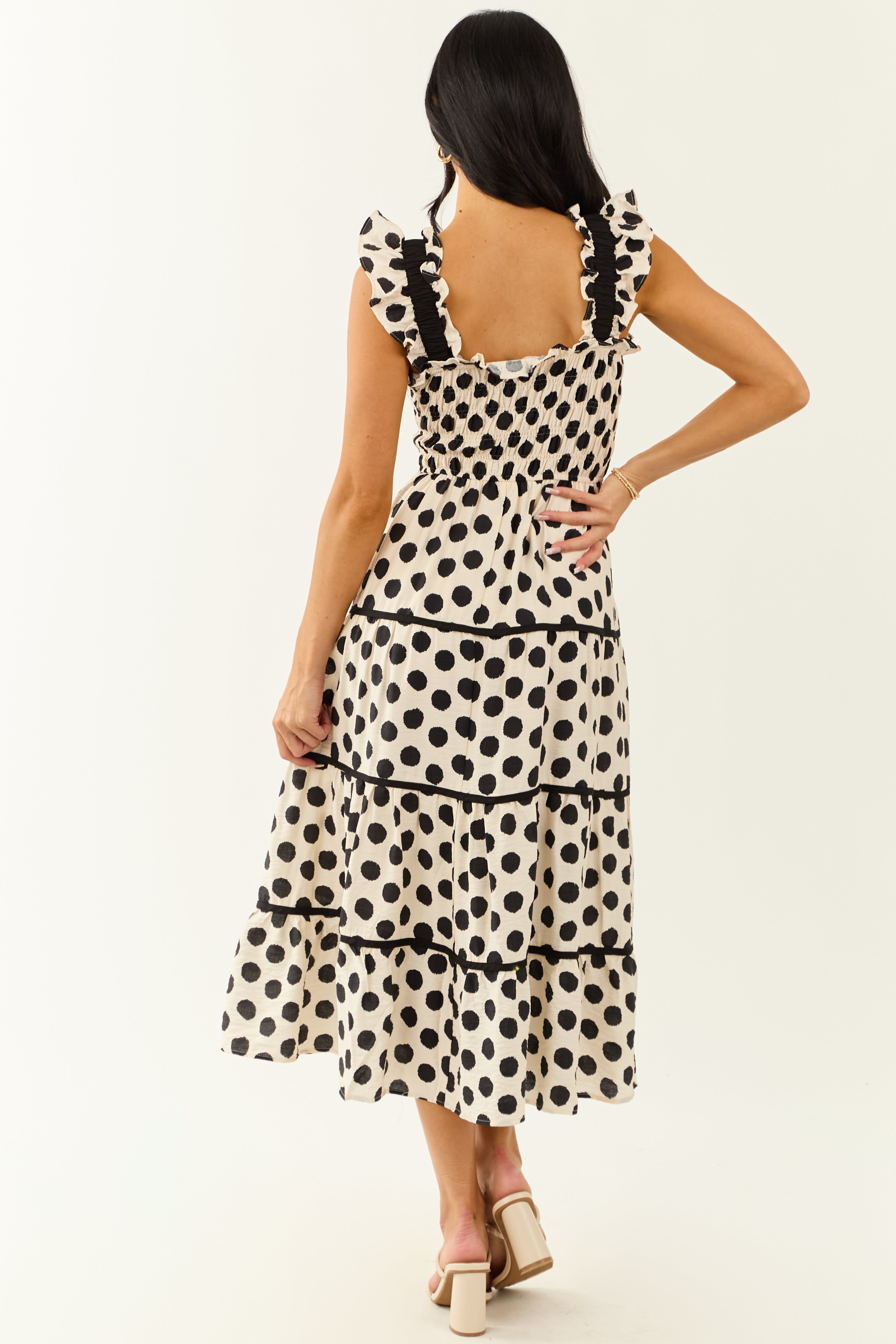 Cream and Black Polka Dot Sleeveless Midi Dress