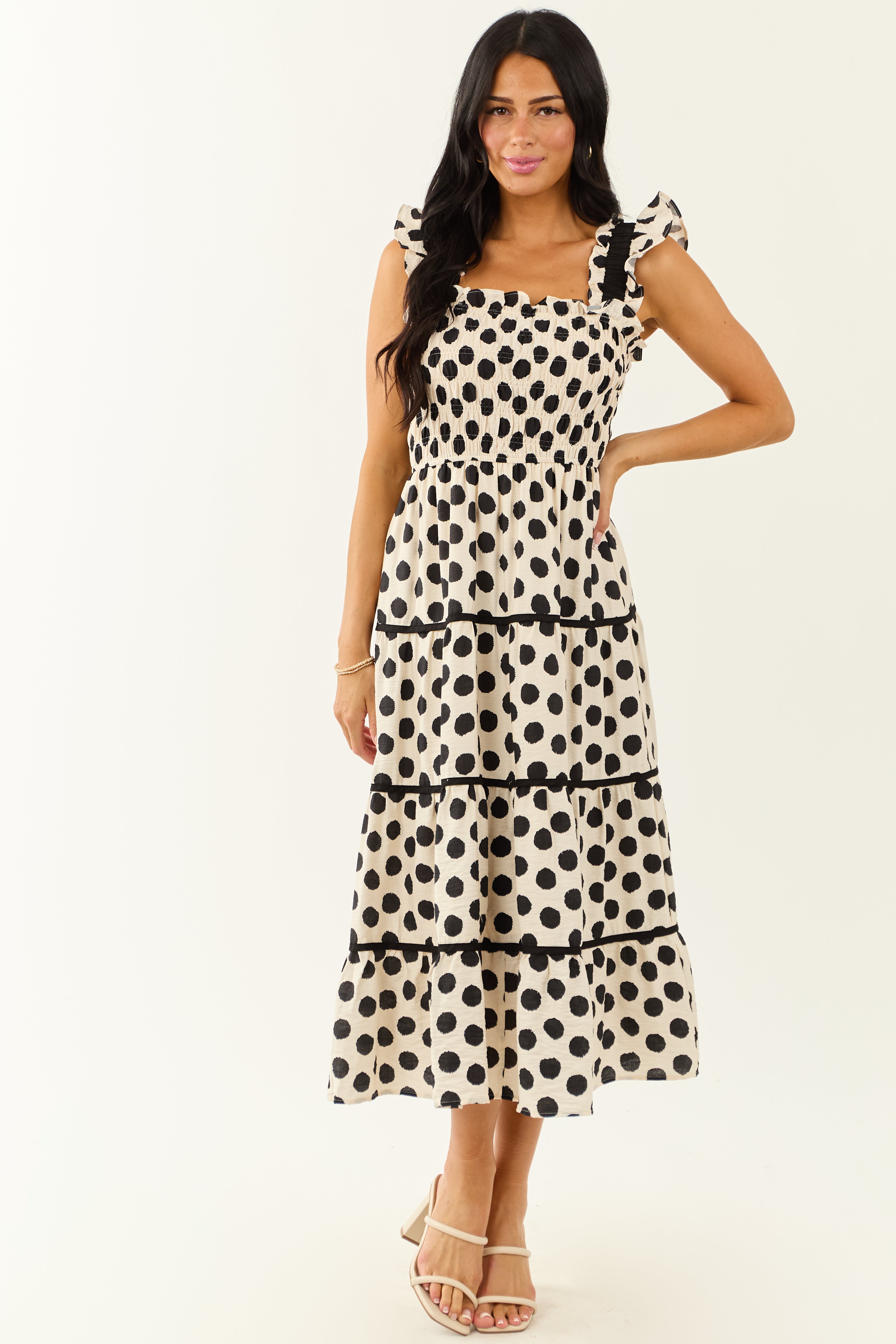 Cream and Black Polka Dot Sleeveless Midi Dress