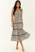 Cream and Black Polka Dot Sleeveless Midi Dress