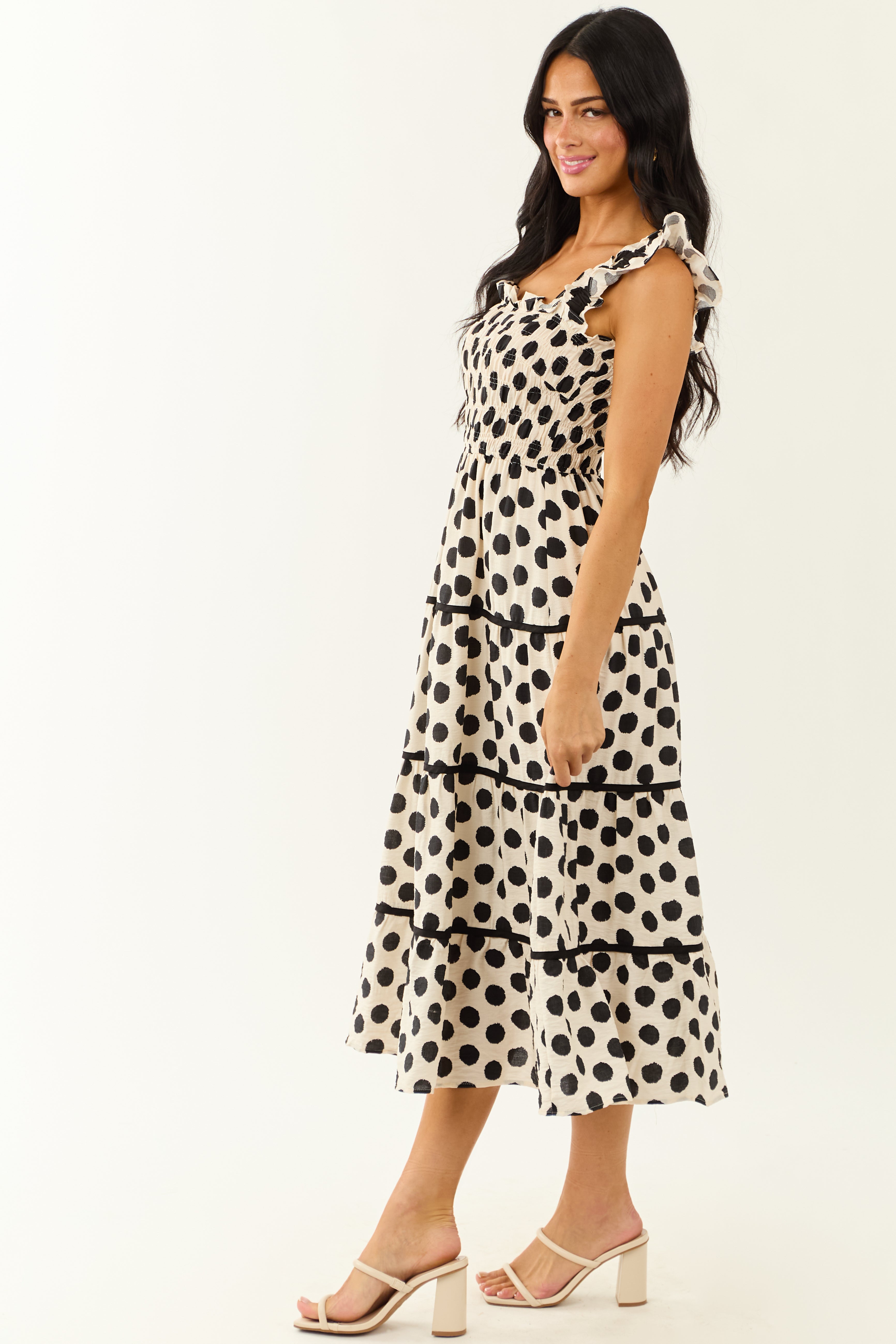 Cream and Black Polka Dot Sleeveless Midi Dress