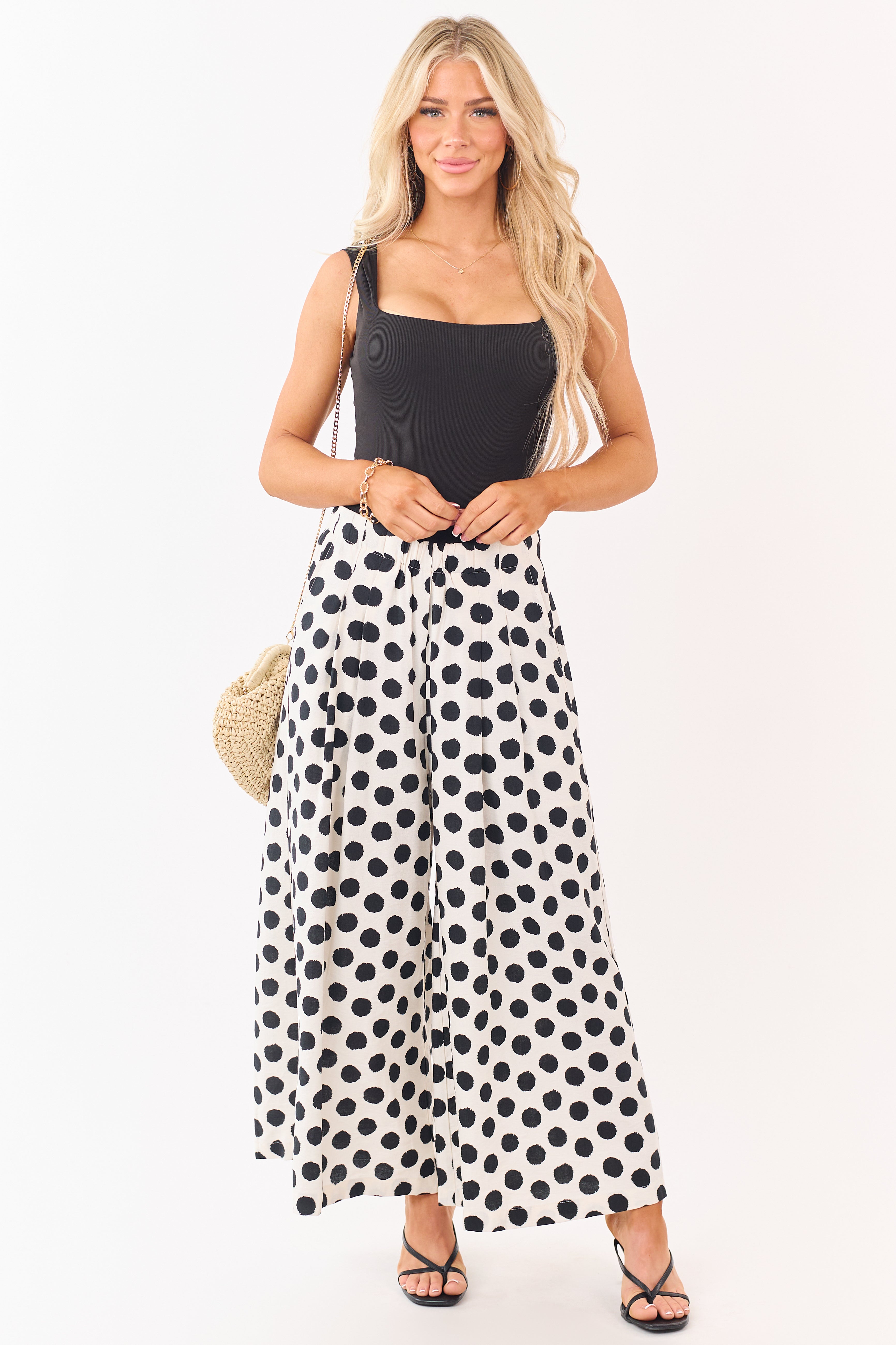 Cream and Black Polka Dot Wide Leg Pants