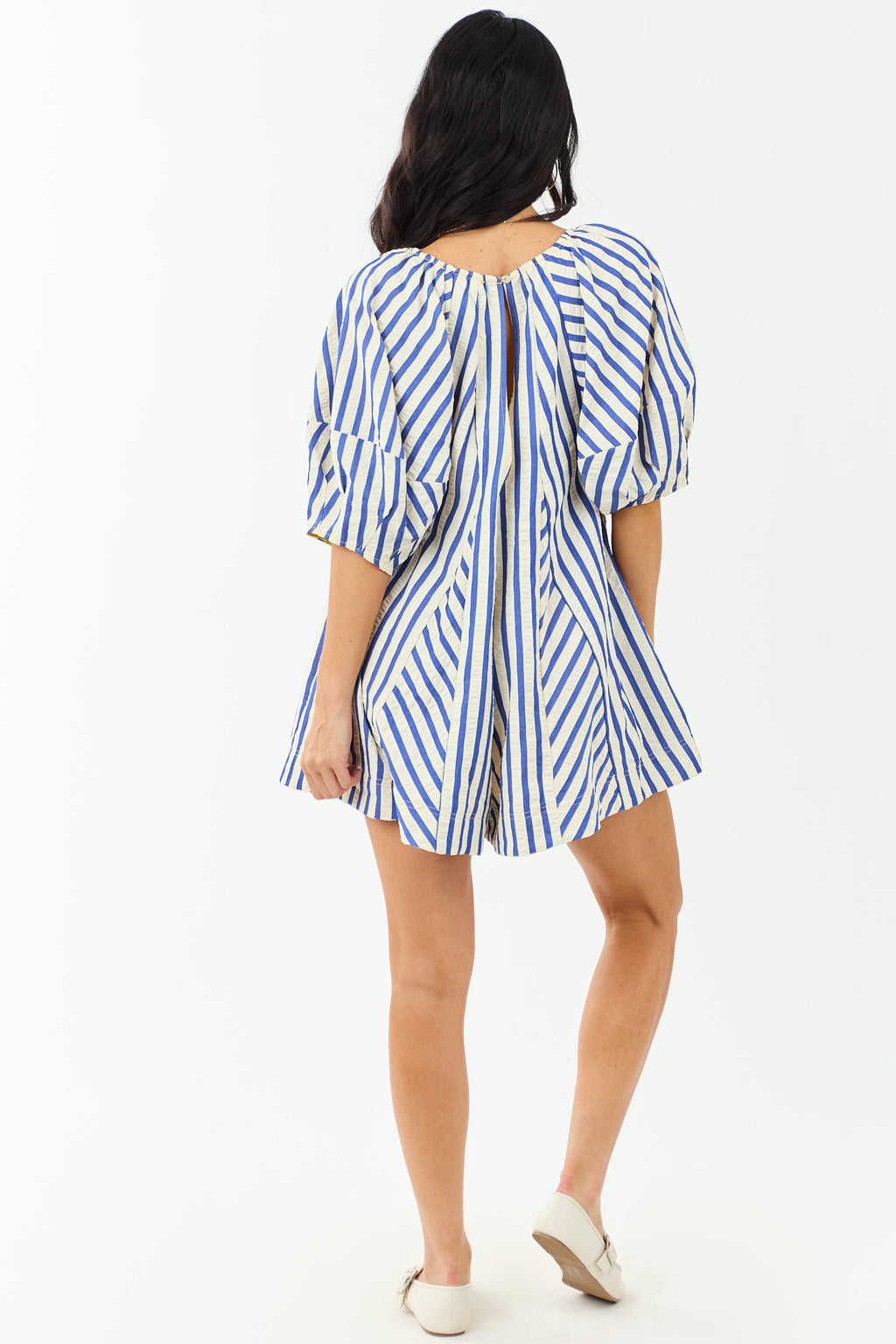 Cream and Cobalt Striped Bubble Sleeve Relaxed Romper