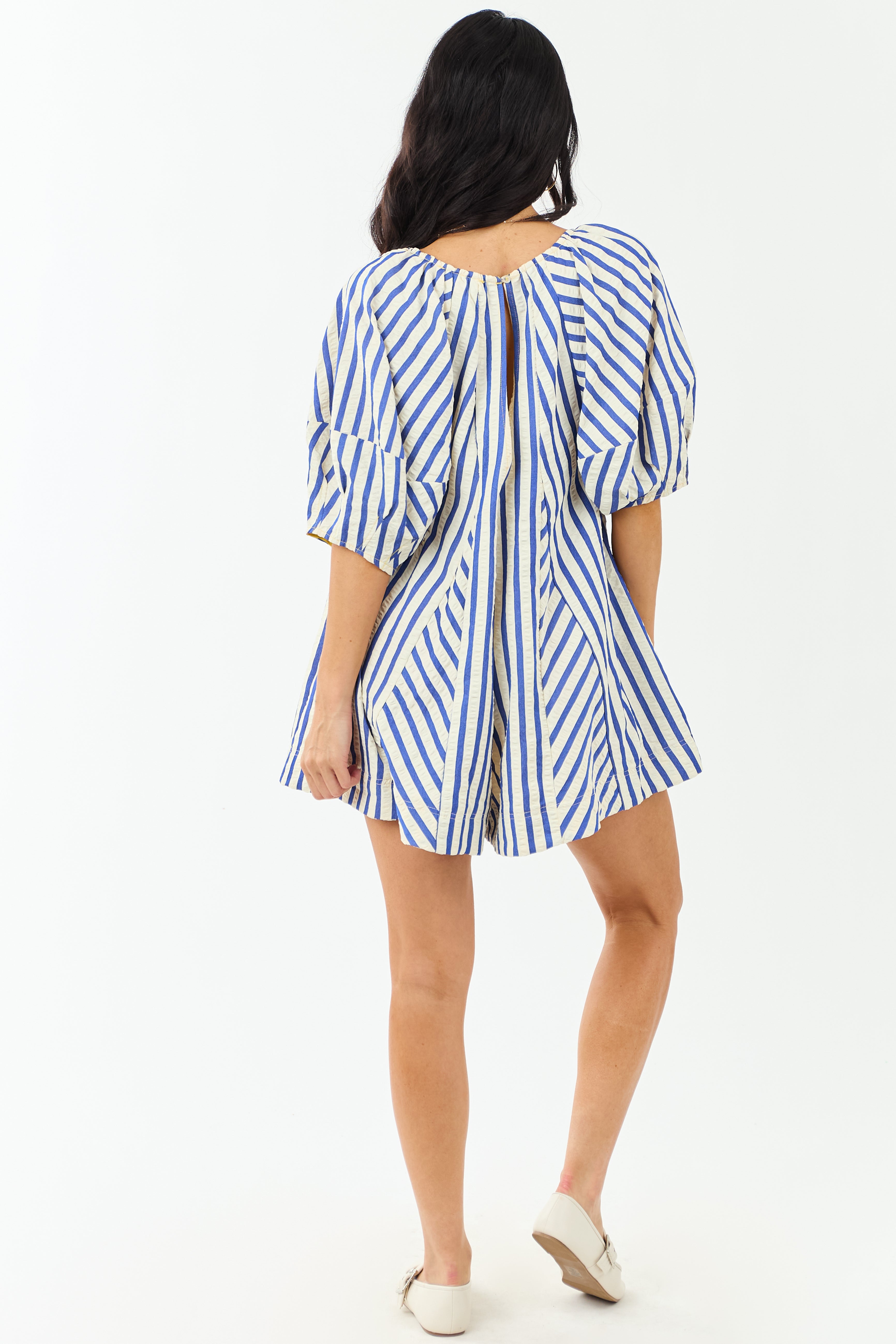Cream and Cobalt Striped Bubble Sleeve Relaxed Romper