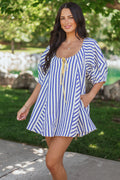 Cream and Cobalt Striped Bubble Sleeve Relaxed Romper