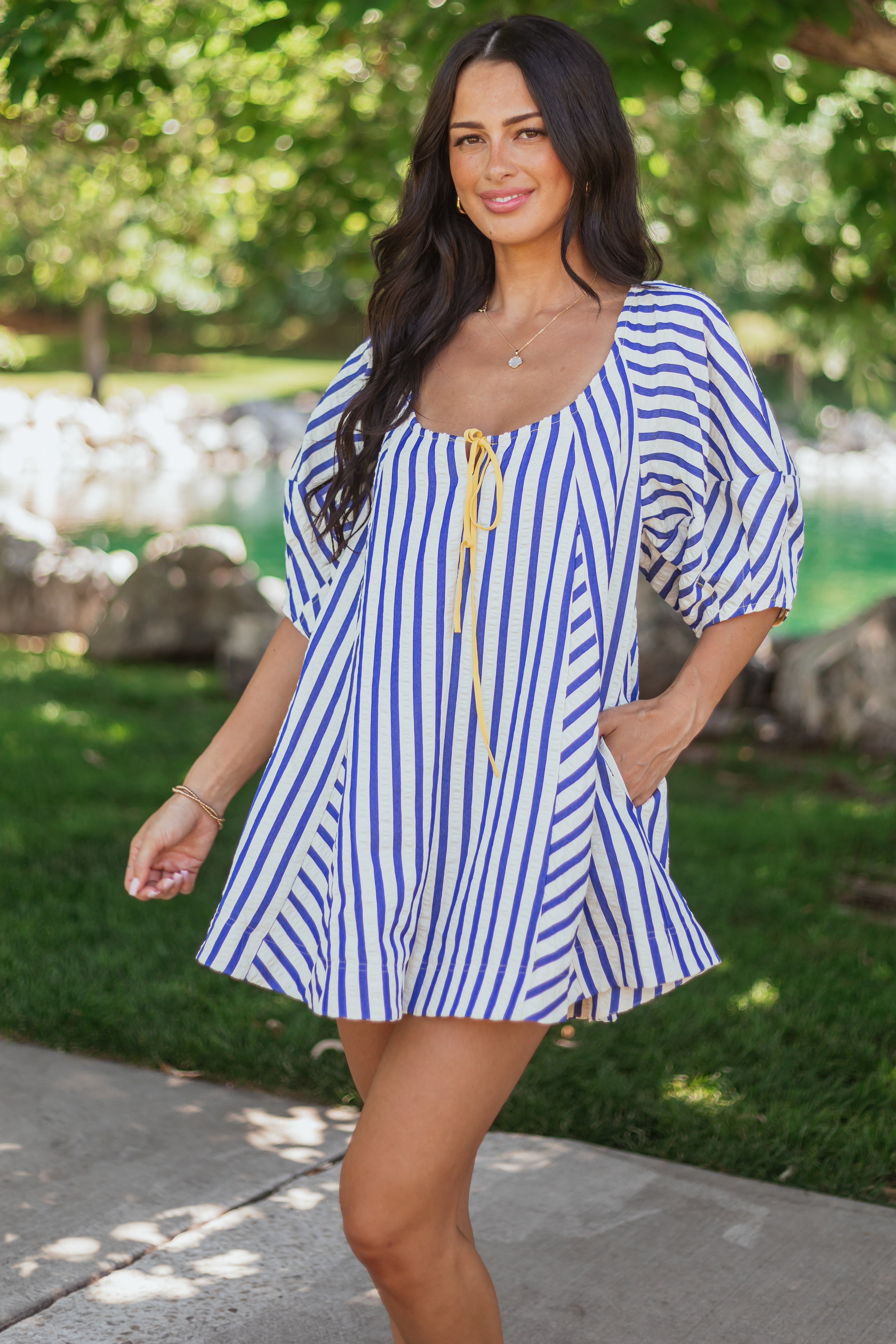 Cream and Cobalt Striped Bubble Sleeve Relaxed Romper