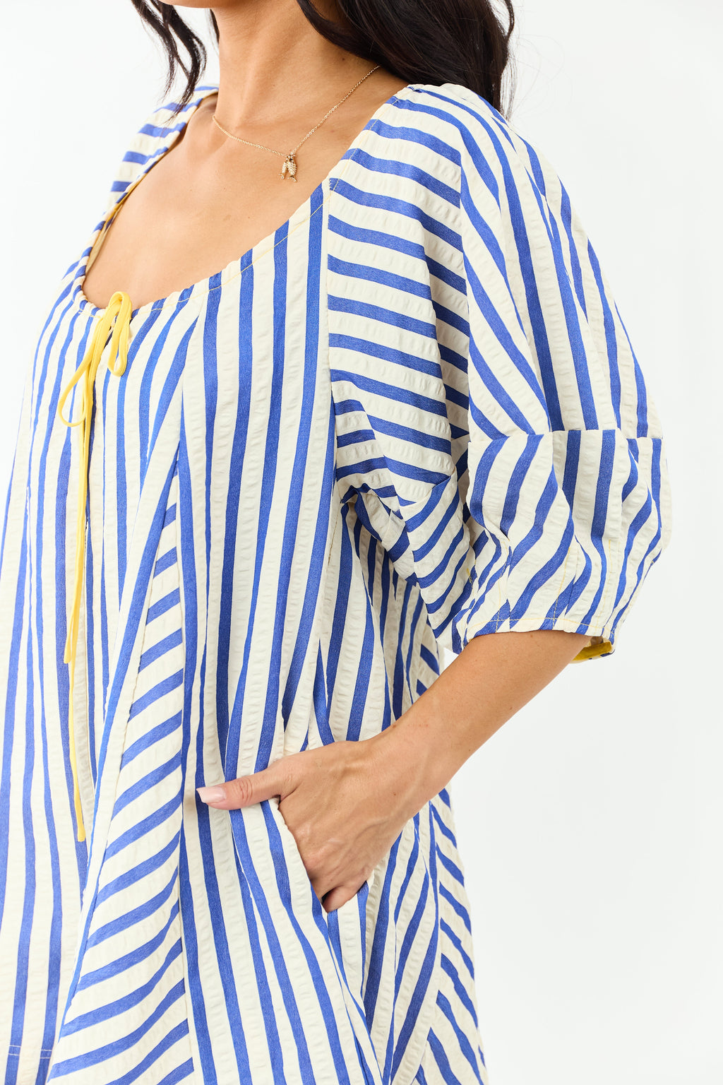 Cream and Cobalt Striped Bubble Sleeve Relaxed Romper