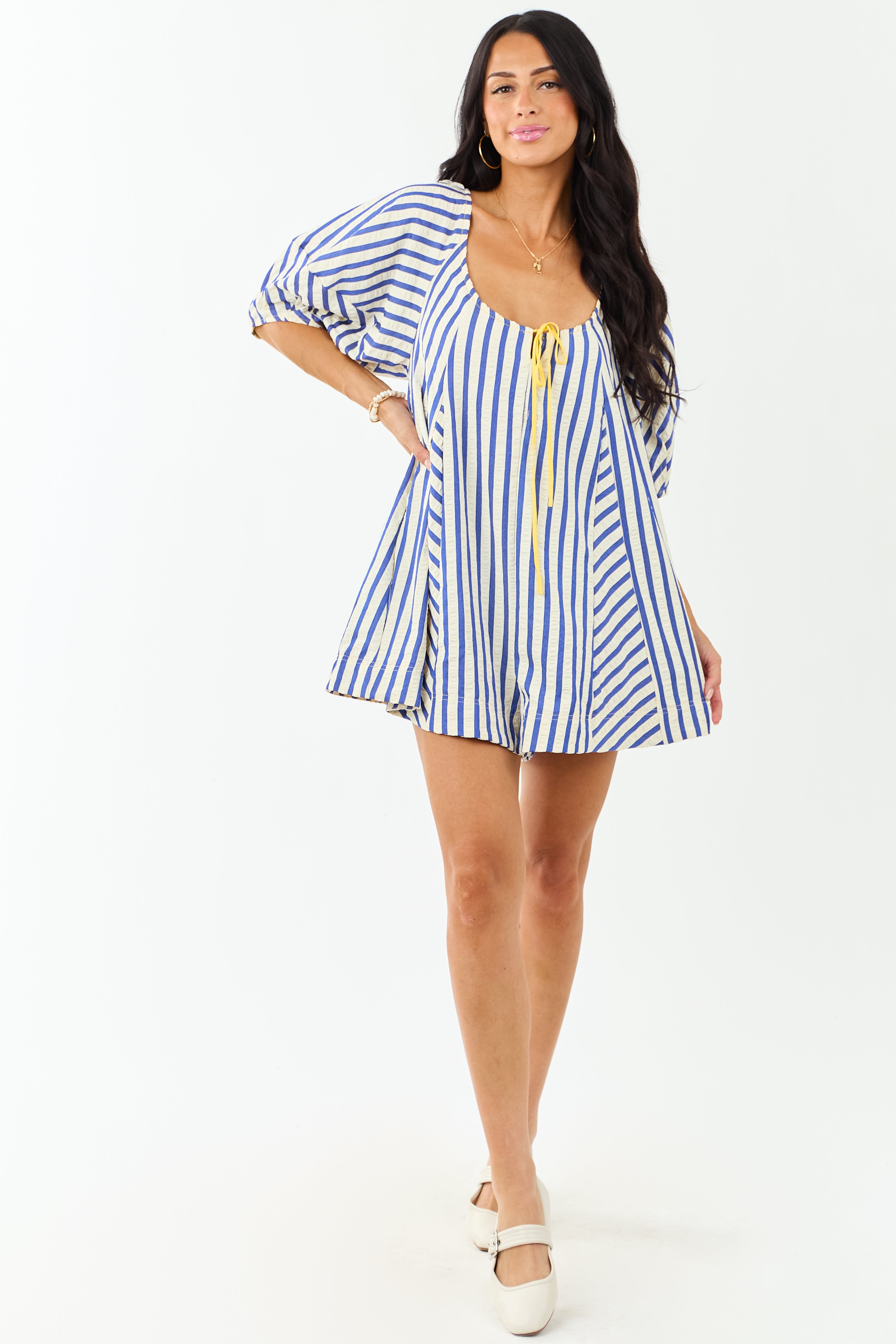 Cream and Cobalt Striped Bubble Sleeve Relaxed Romper