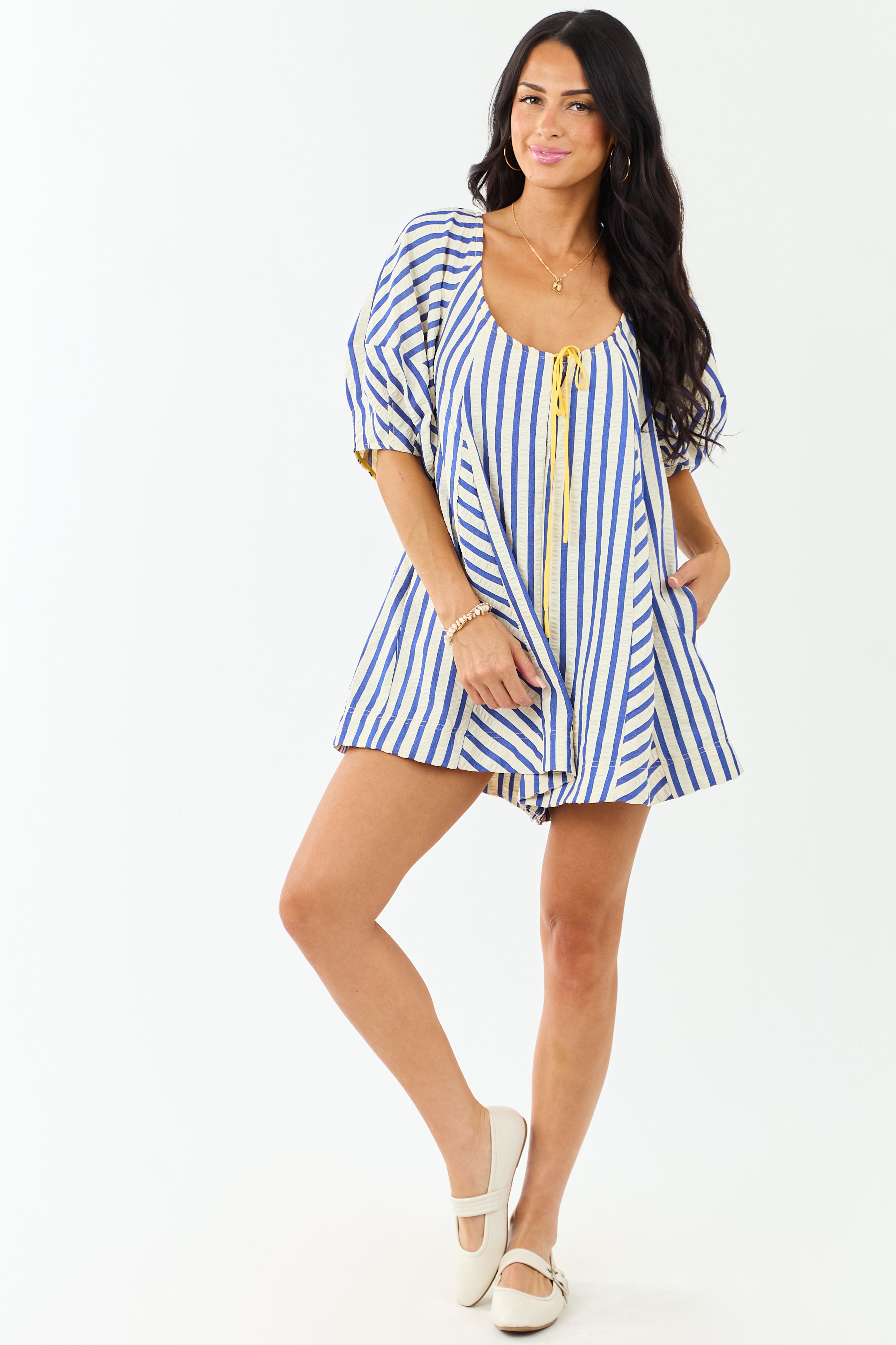 Cream and Cobalt Striped Bubble Sleeve Relaxed Romper