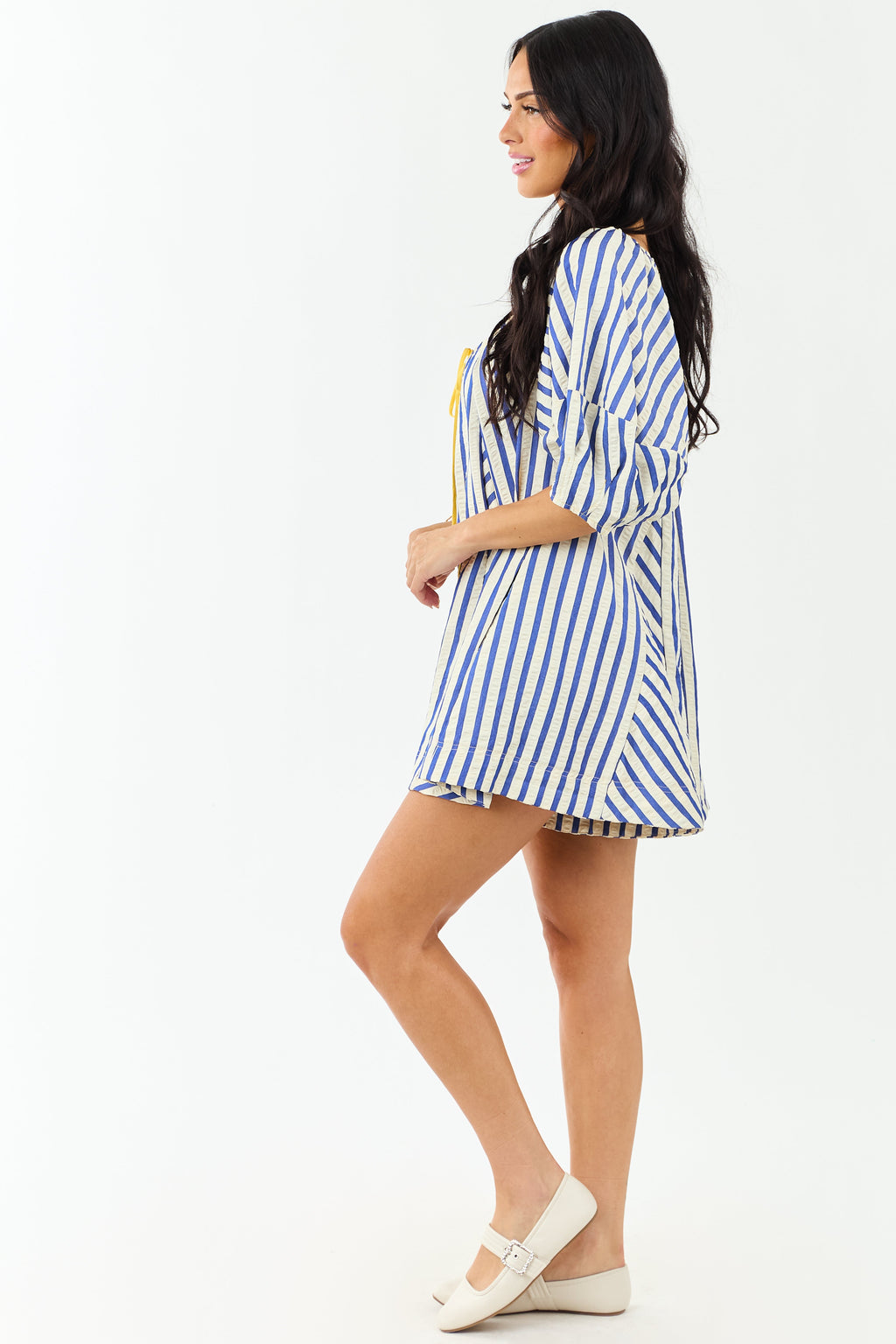 Cream and Cobalt Striped Bubble Sleeve Relaxed Romper
