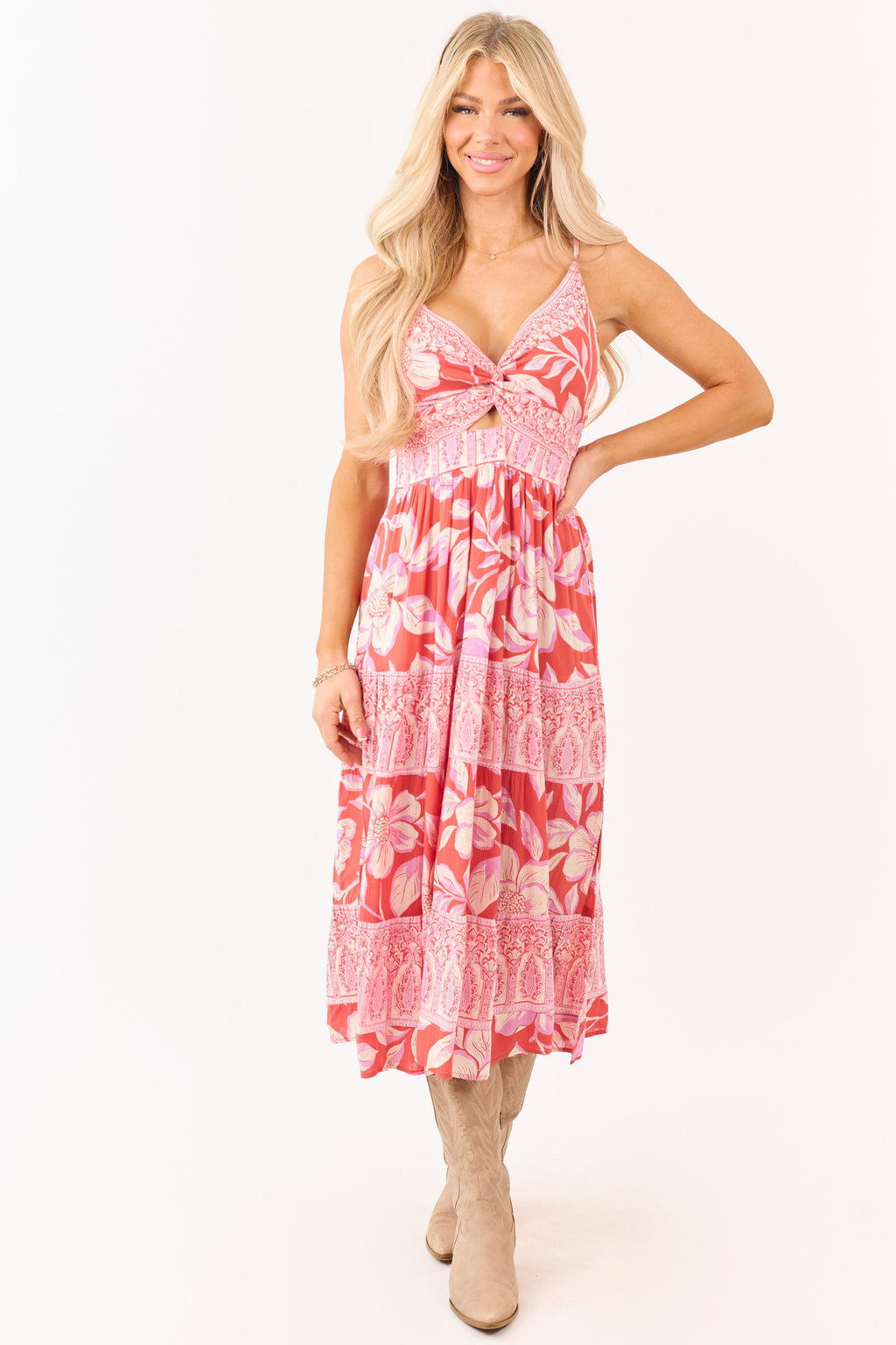 Punch Floral Print Front Twist Tiered Maxi Dress