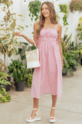 Crimson and Off White Striped Cotton Midi Dress