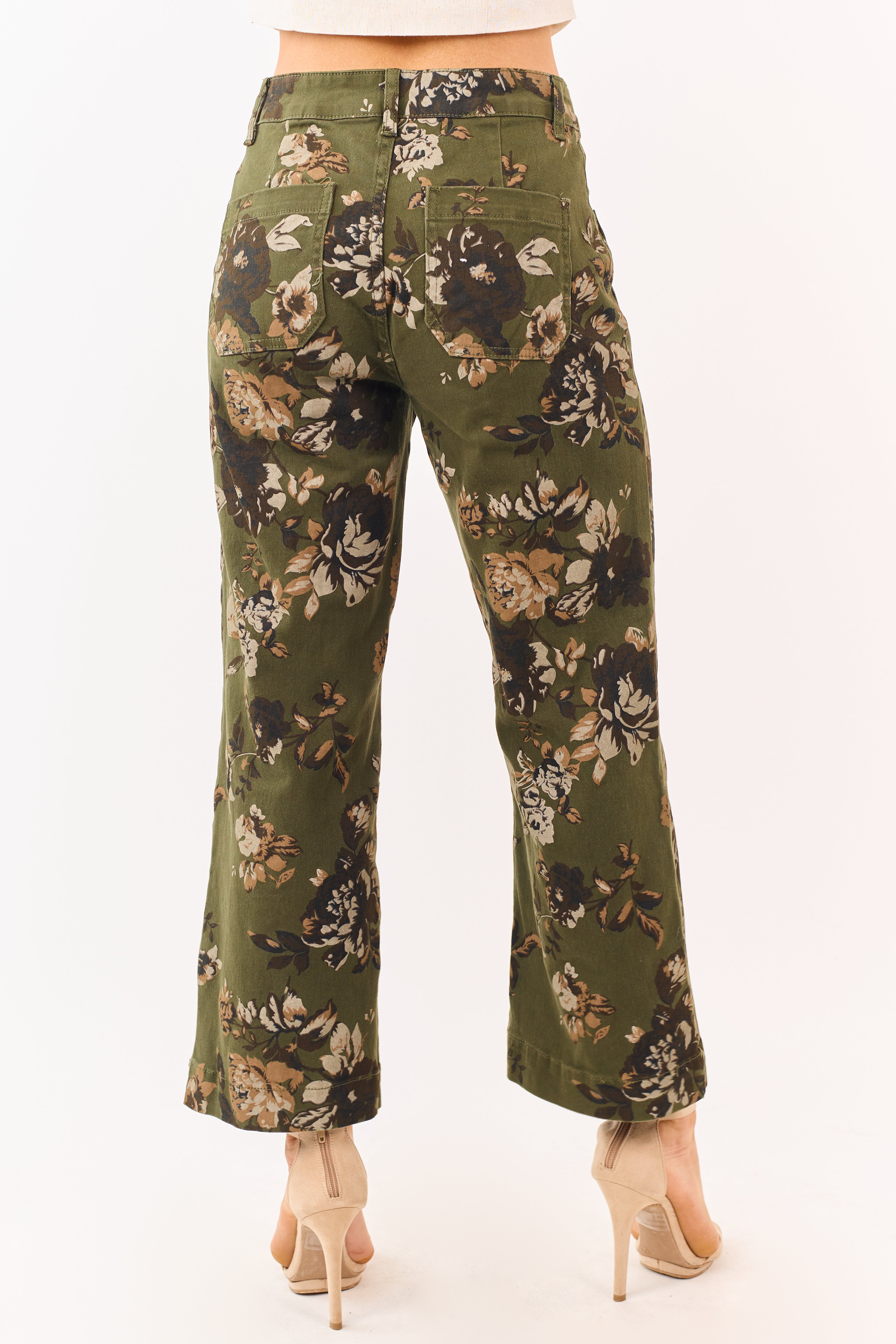Dark Olive Floral Print Stretchy Wide Leg Jeans