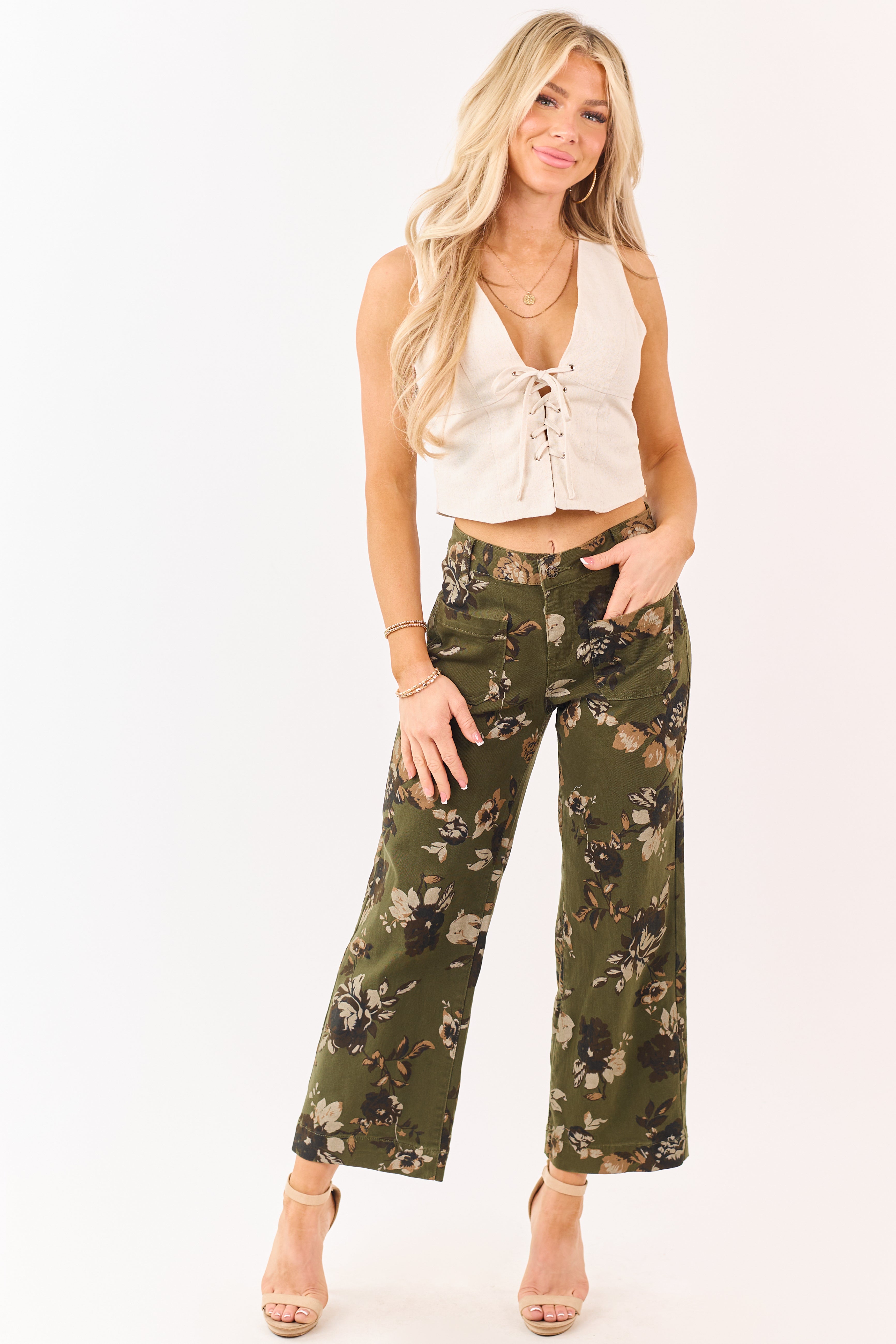 Dark Olive Floral Print Stretchy Wide Leg Jeans
