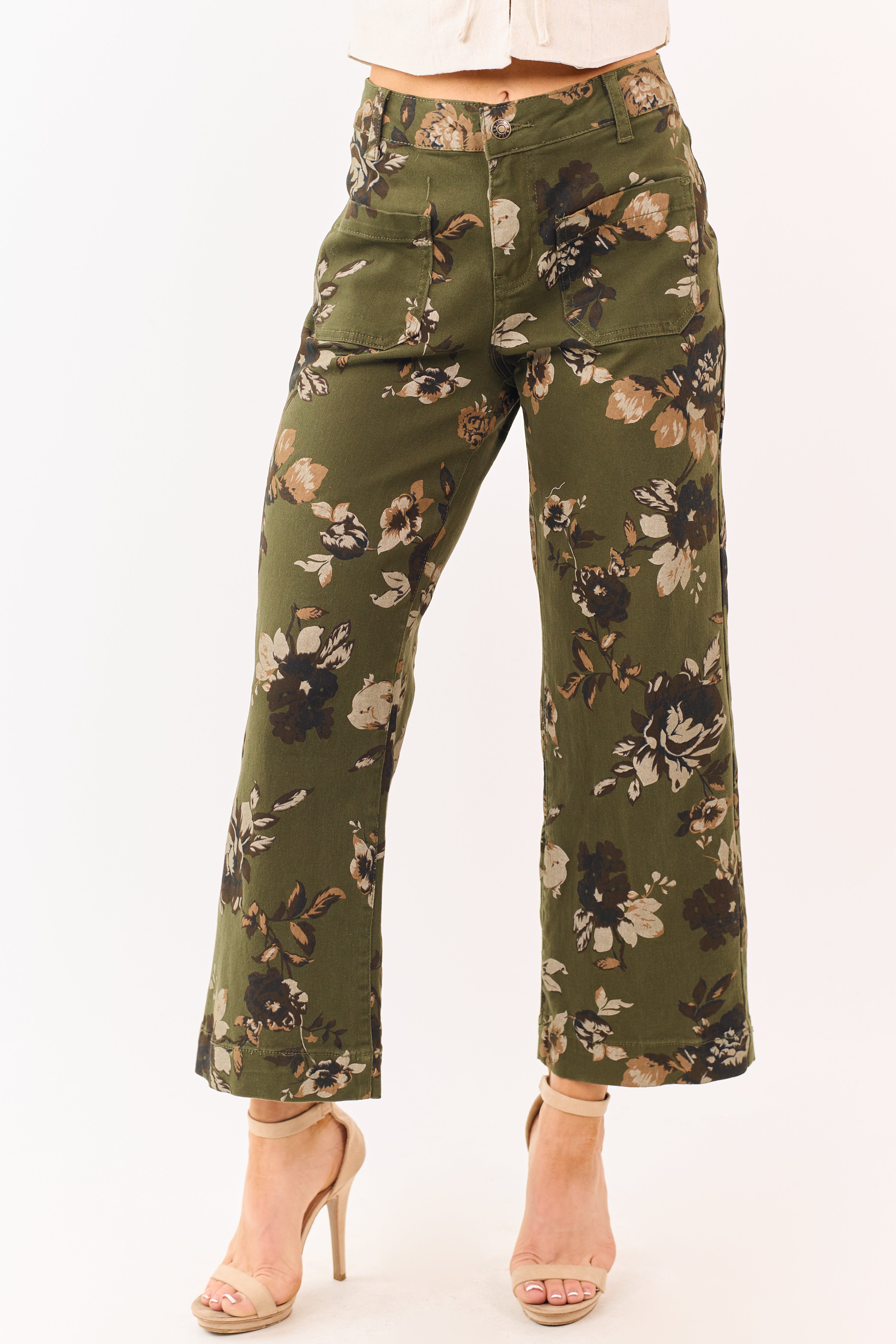 Dark Olive Floral Print Stretchy Wide Leg Jeans