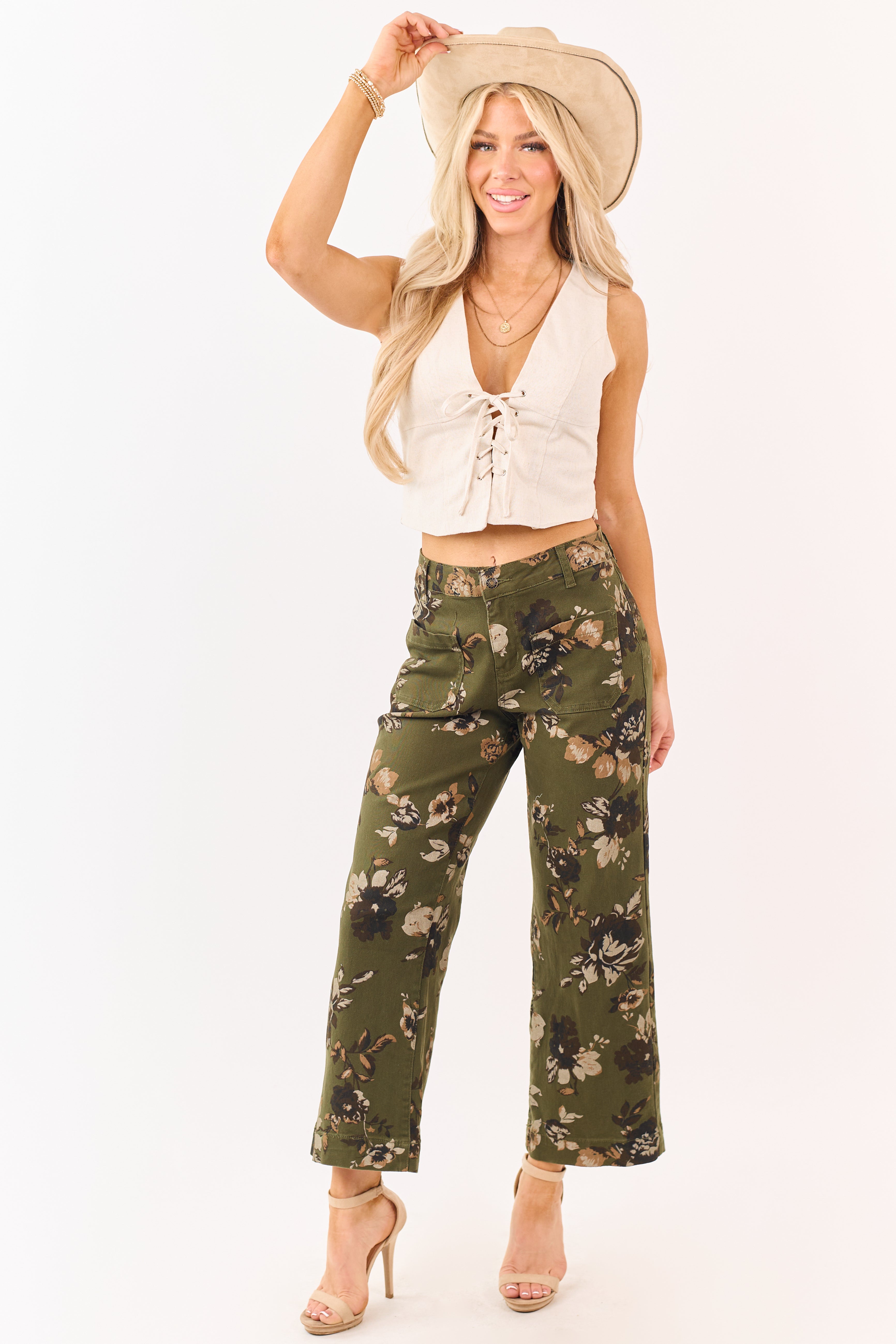 Dark Olive Floral Print Stretchy Wide Leg Jeans