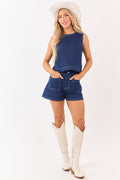Dark Wash Denim Tank Top and Shorts Set