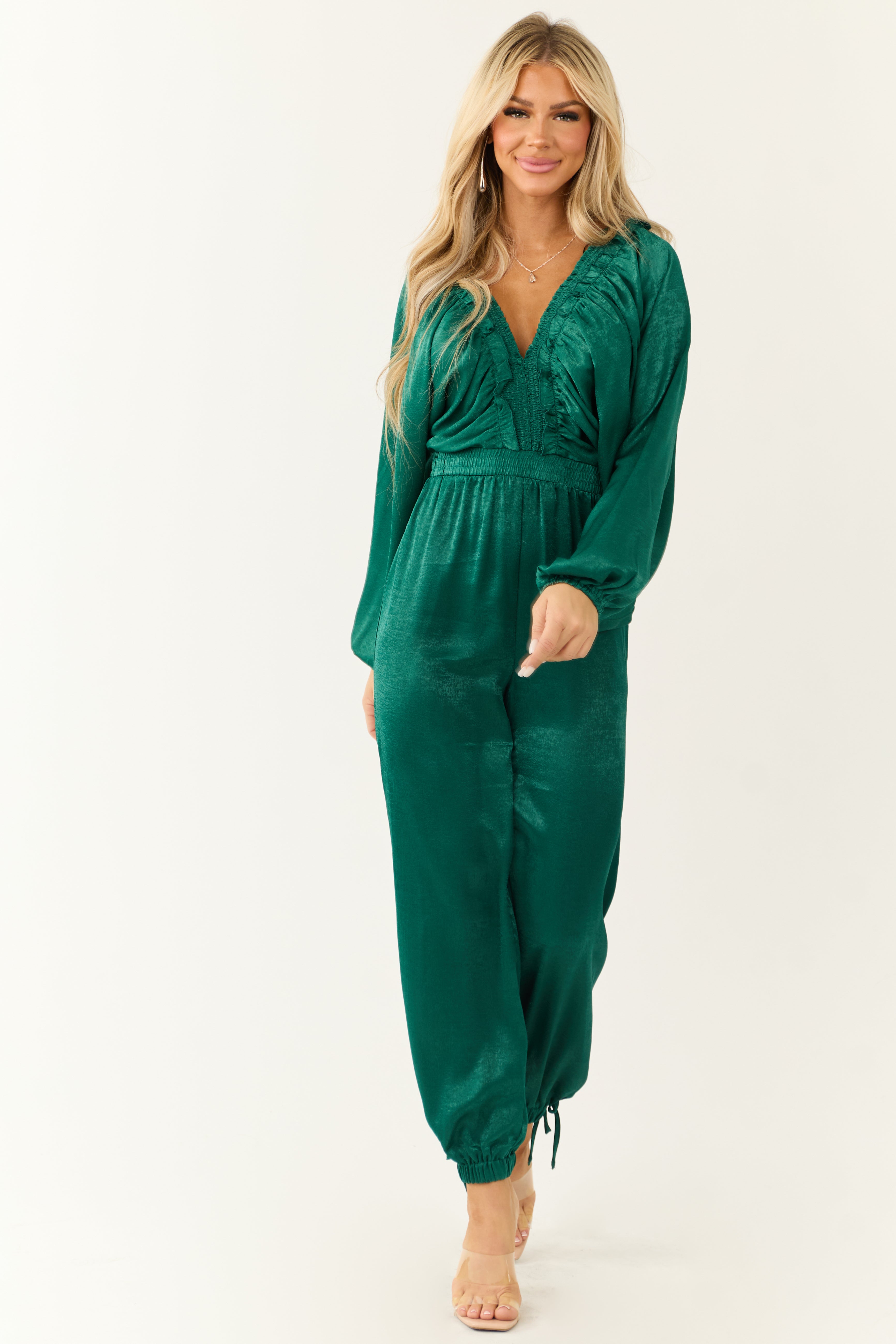 Emerald Textured Satin Deep V Neck Jumpsuit