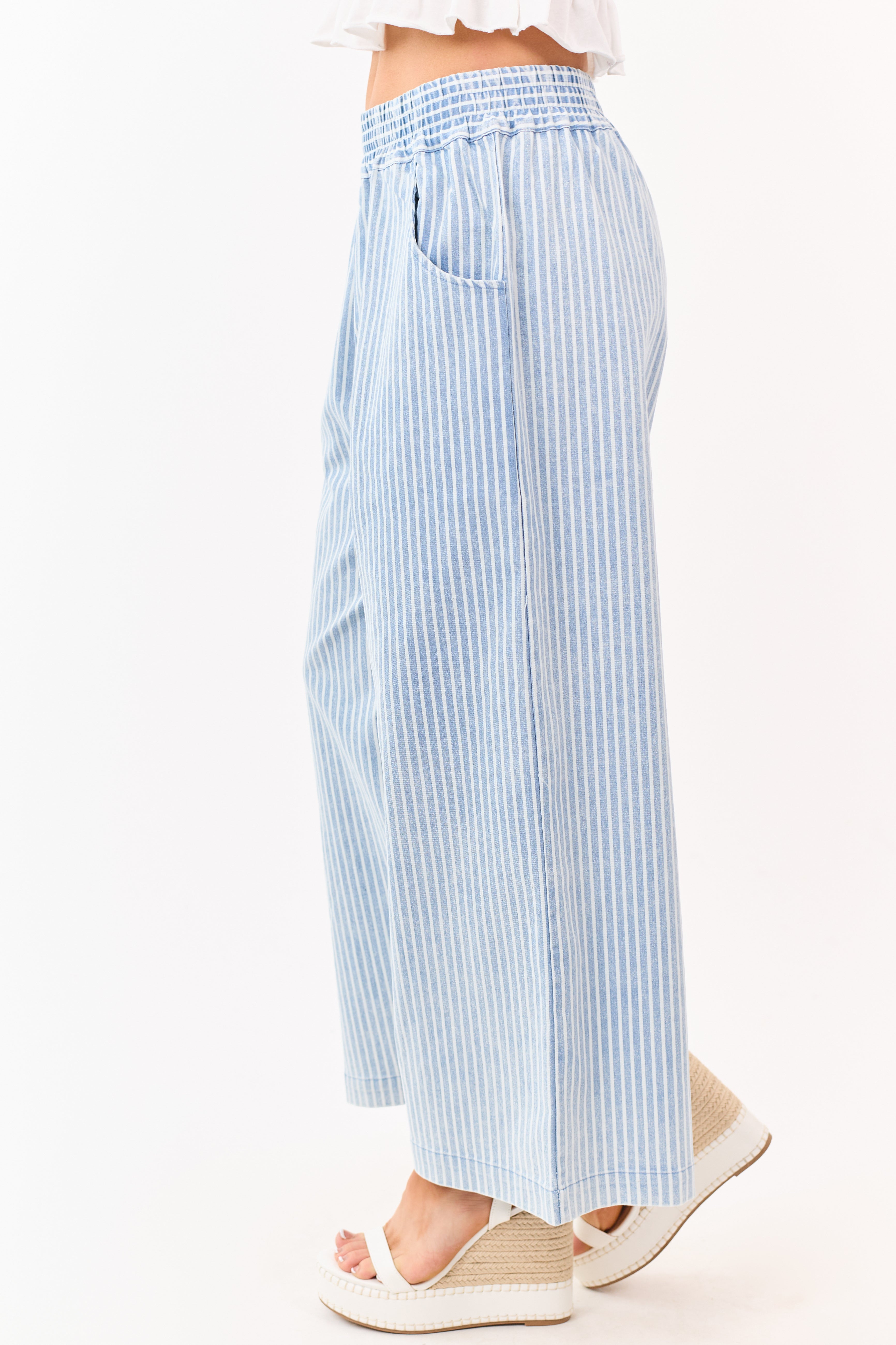 Dusty Blue Railroad Striped Elastic Waist Wide Pants