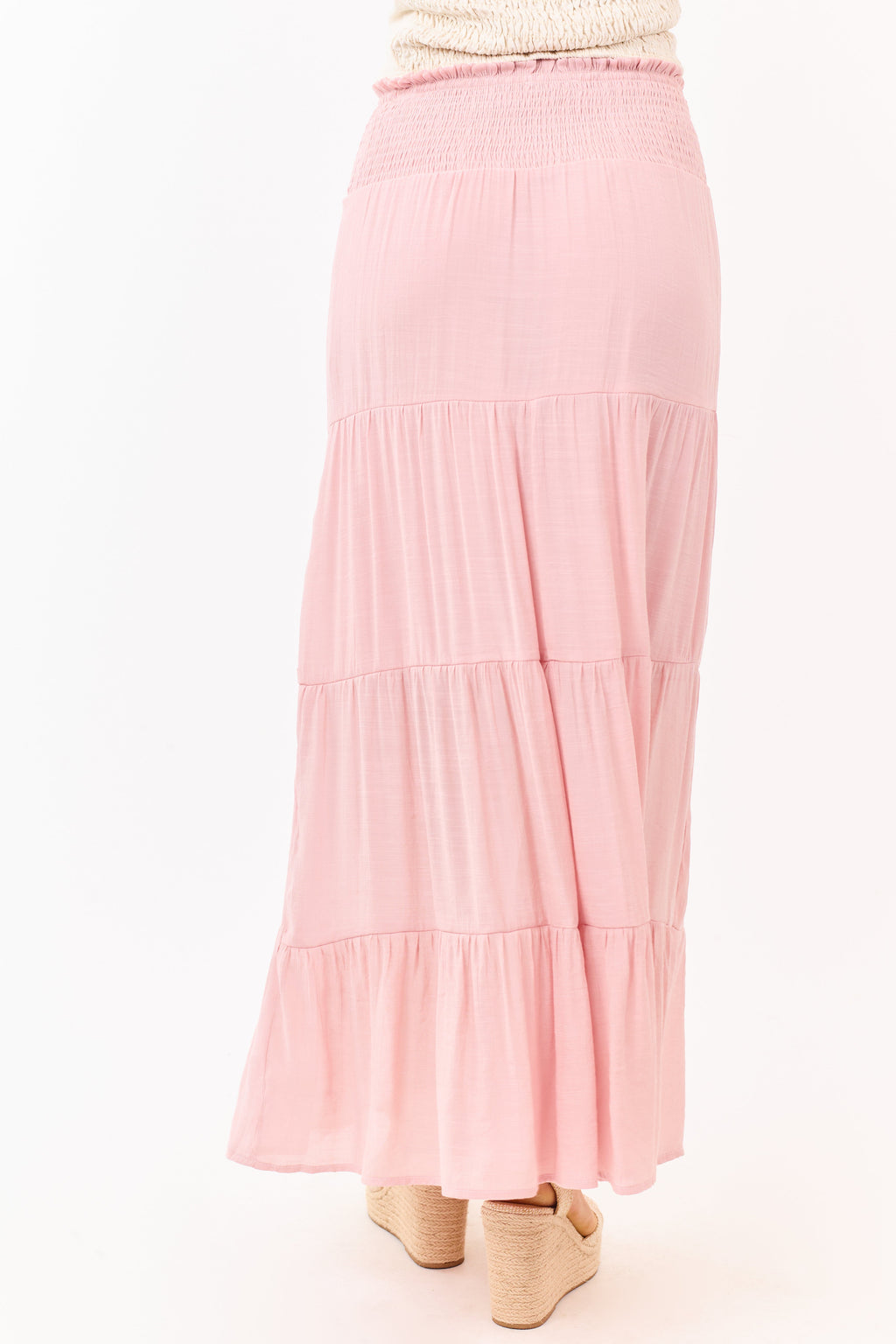 Dusty Blush Smocked Waist Tiered Maxi Skirt