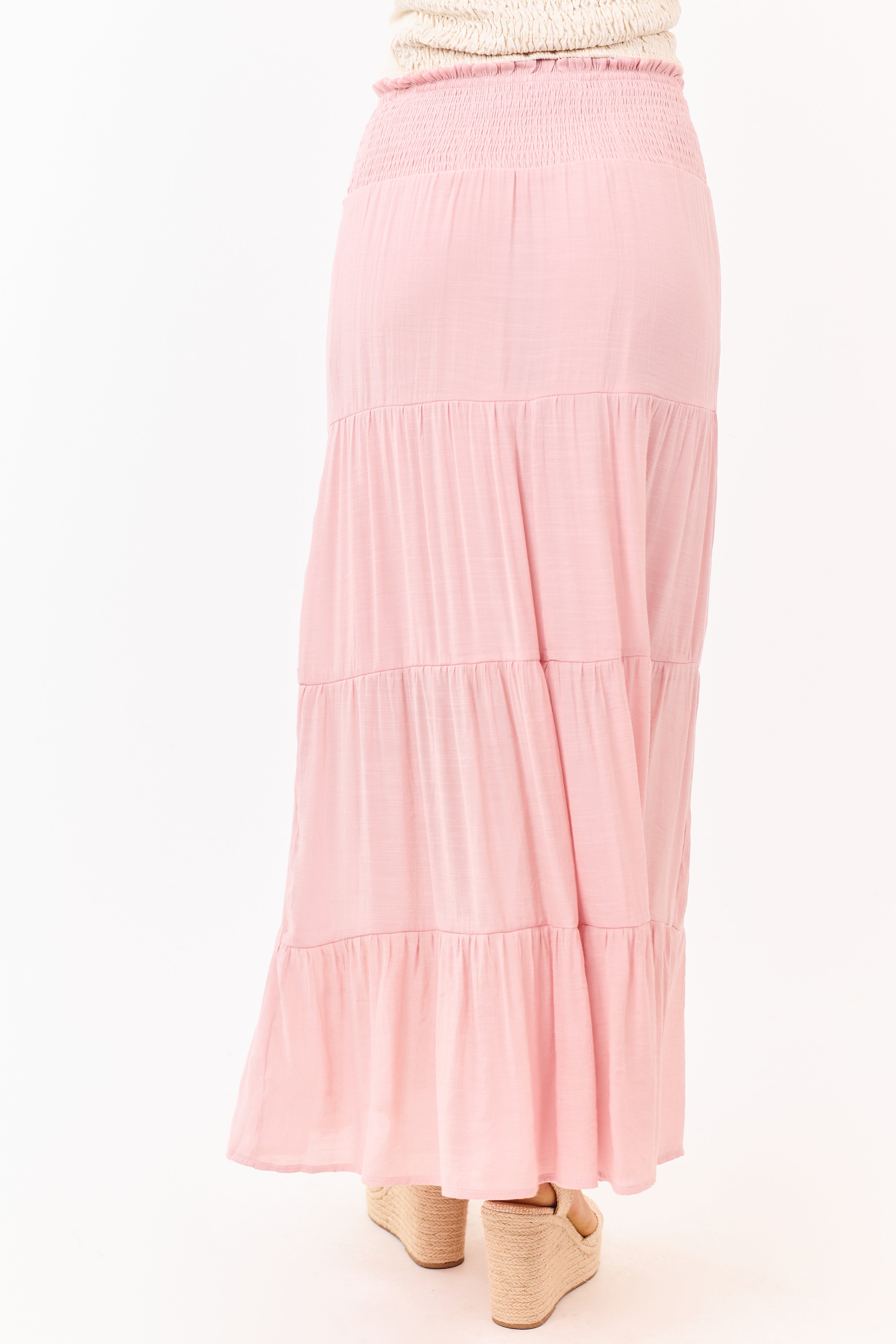 Dusty Blush Smocked Waist Tiered Maxi Skirt