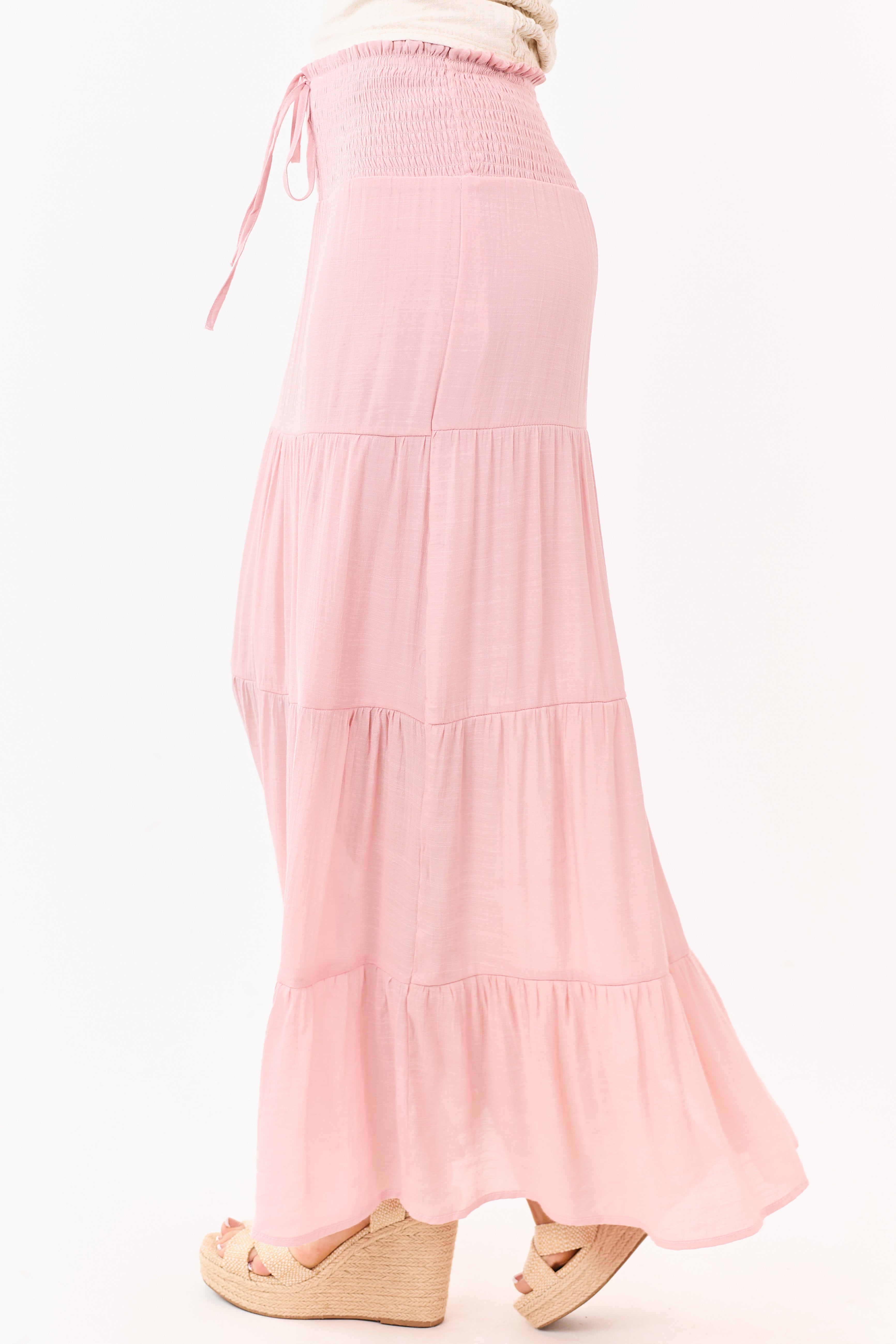 Dusty Blush Smocked Waist Tiered Maxi Skirt