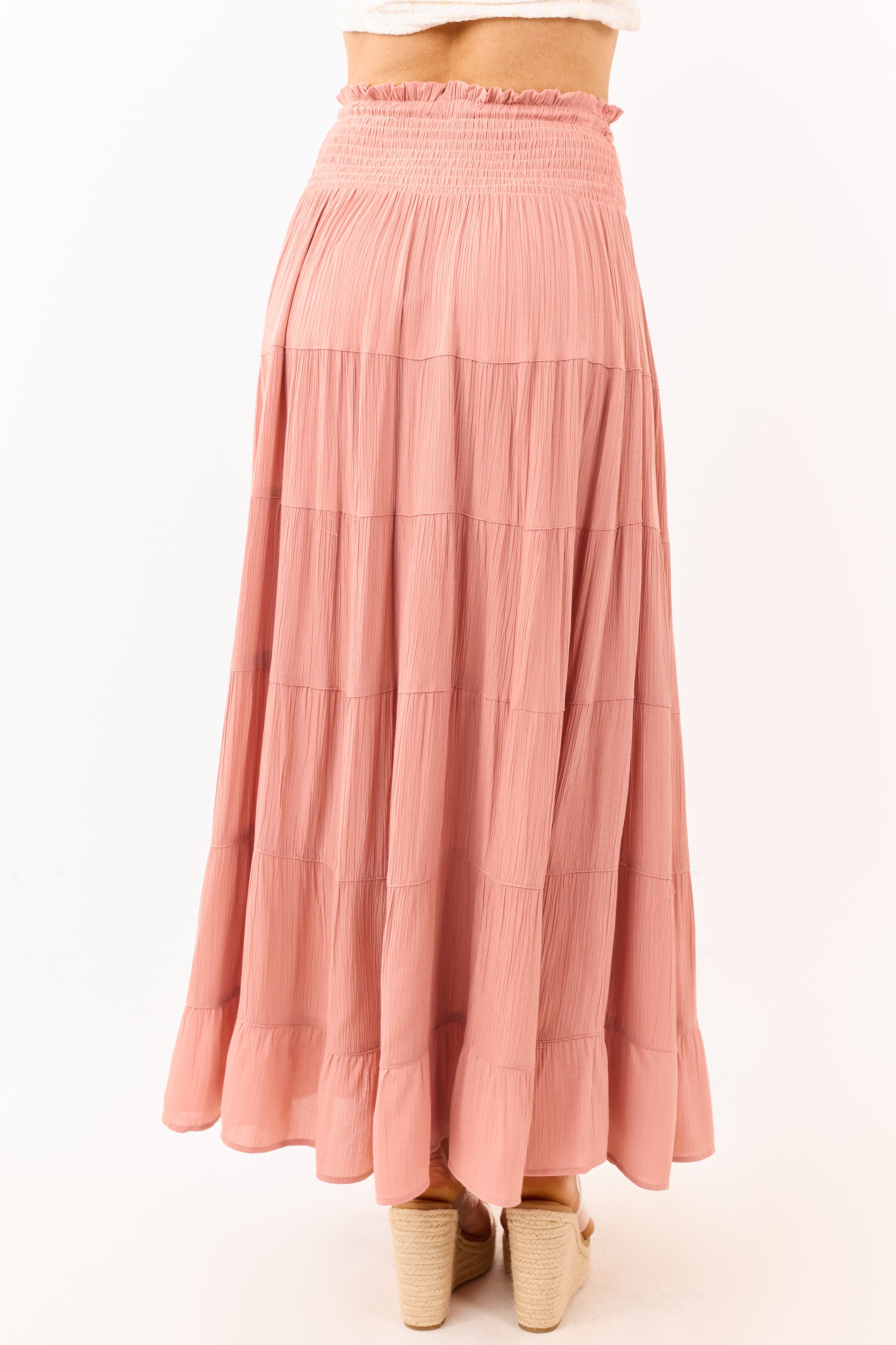 Dusty Rose Smocked Waist Tiered Maxi Skirt