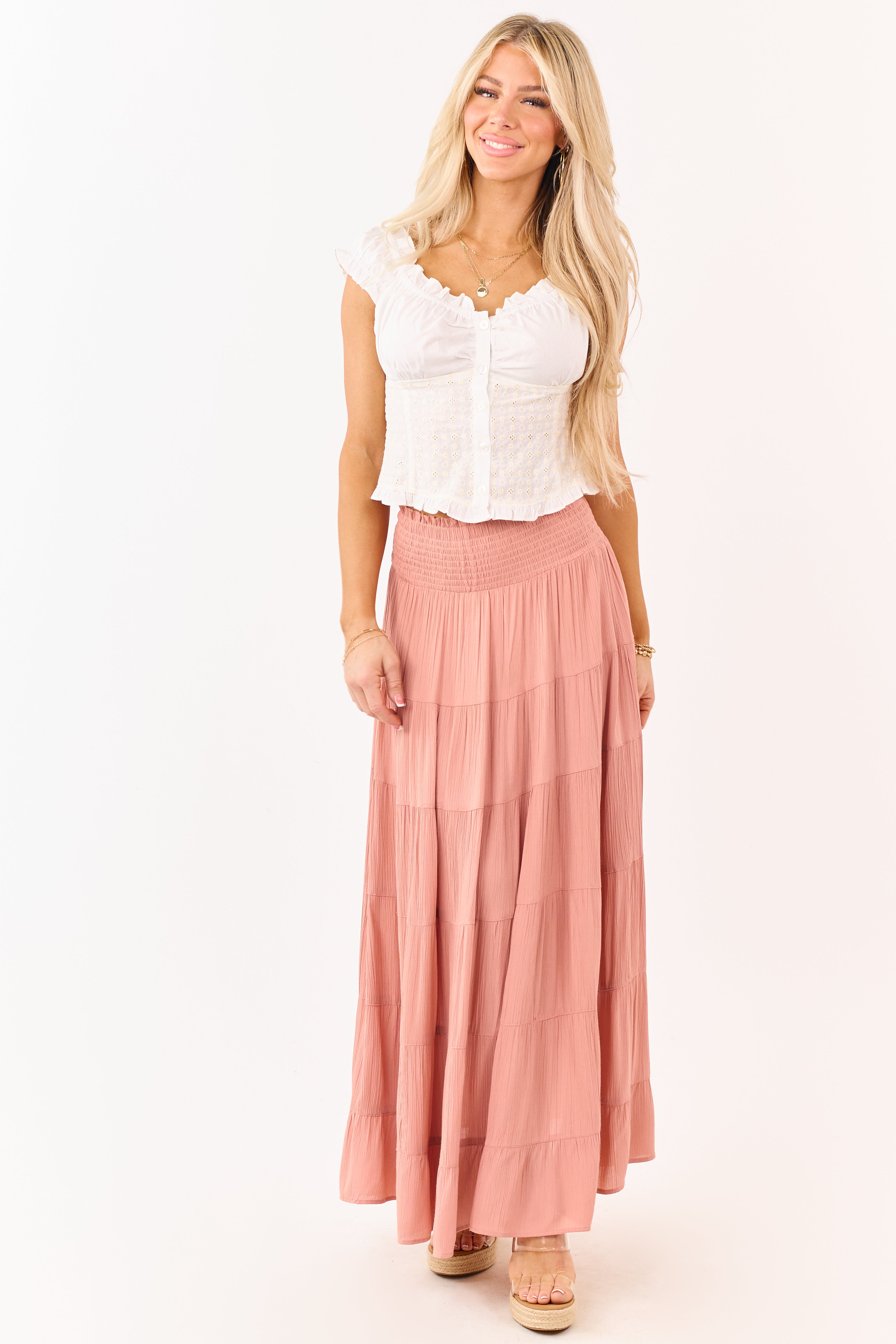Dusty Rose Smocked Waist Tiered Maxi Skirt