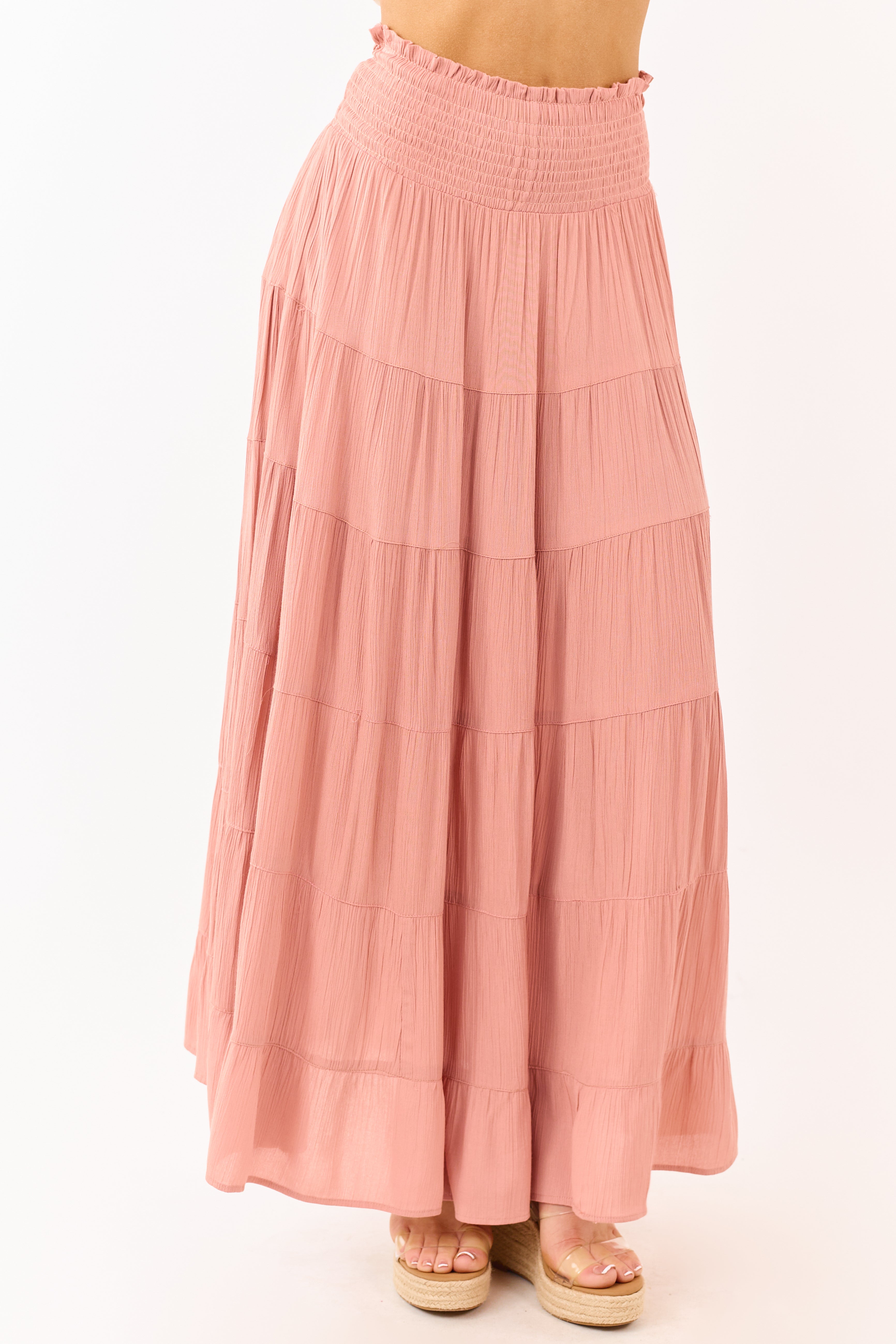 Dusty Rose Smocked Waist Tiered Maxi Skirt
