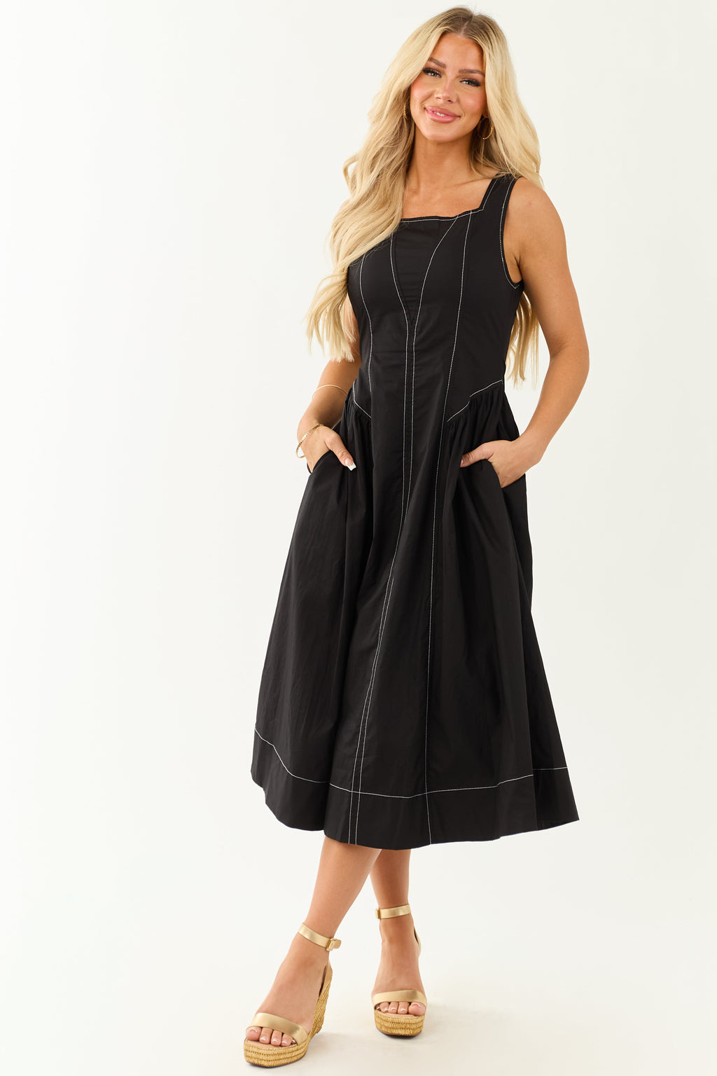 Entro Black Contrast Stitch Cotton Midi Dress
