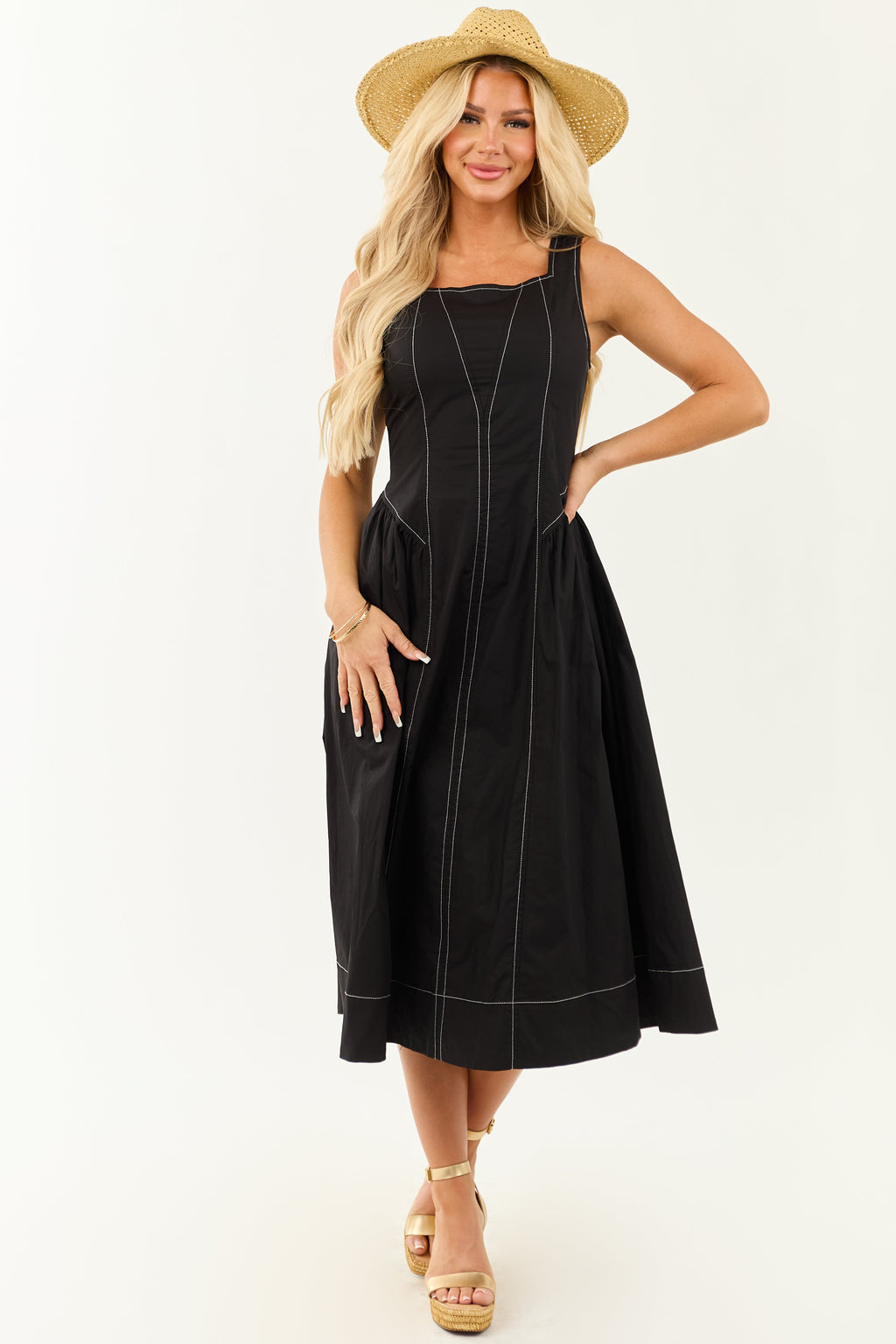 Entro Black Contrast Stitch Cotton Midi Dress