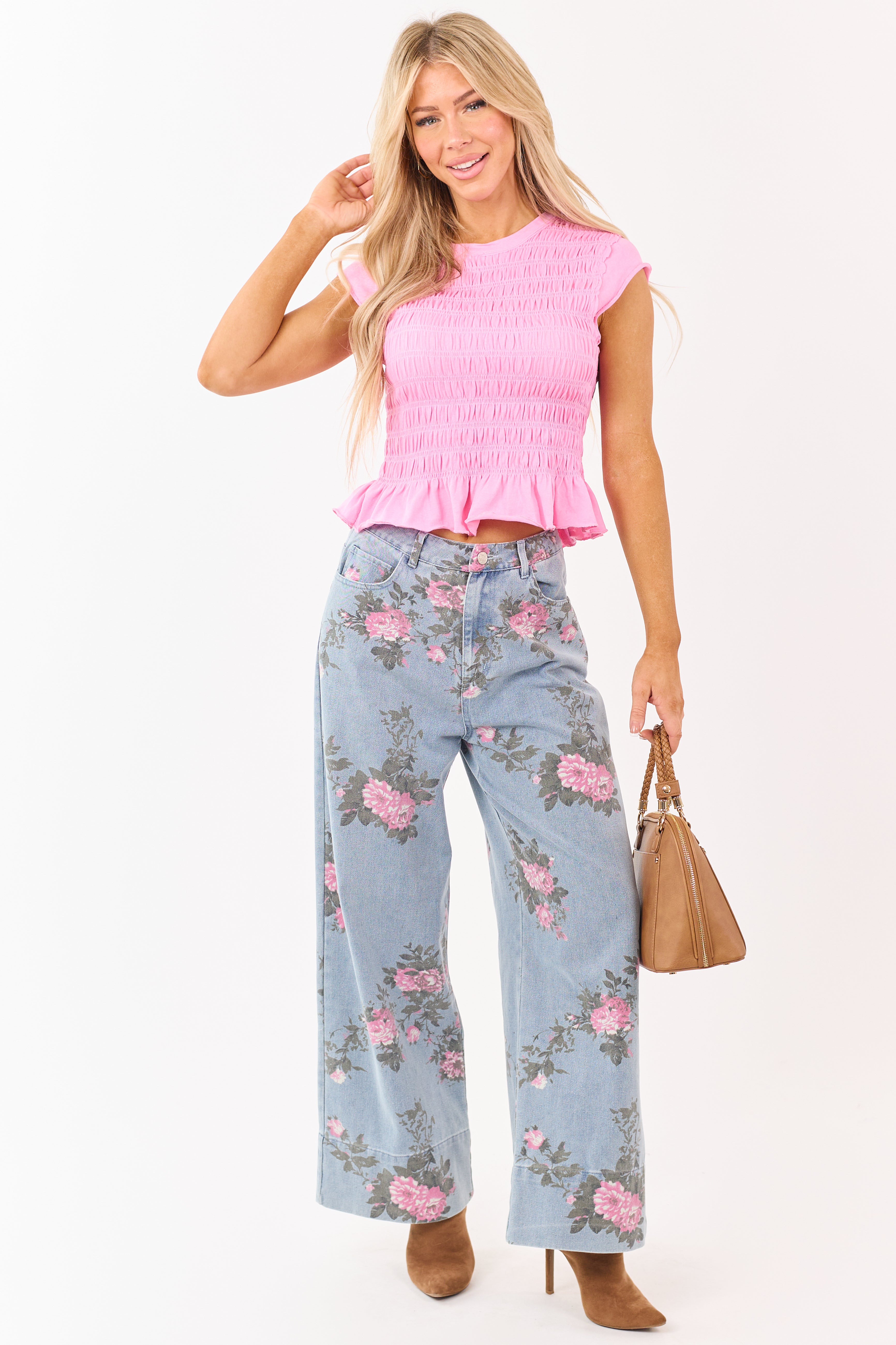 Entro Bright Bubblegum Smocked Short Sleeve Top