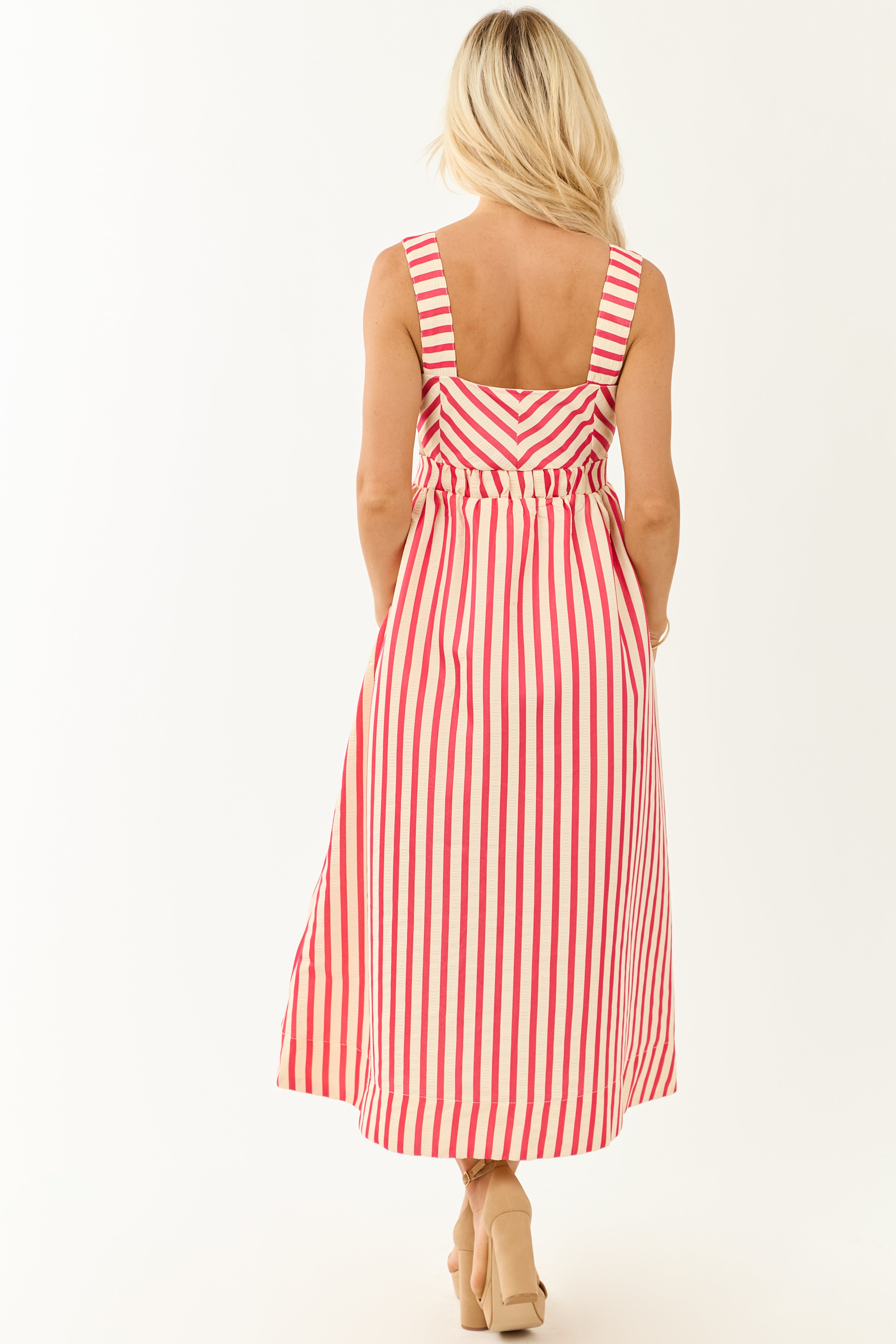 Entro Crimson and Cream Striped Cut Out Midi Dress