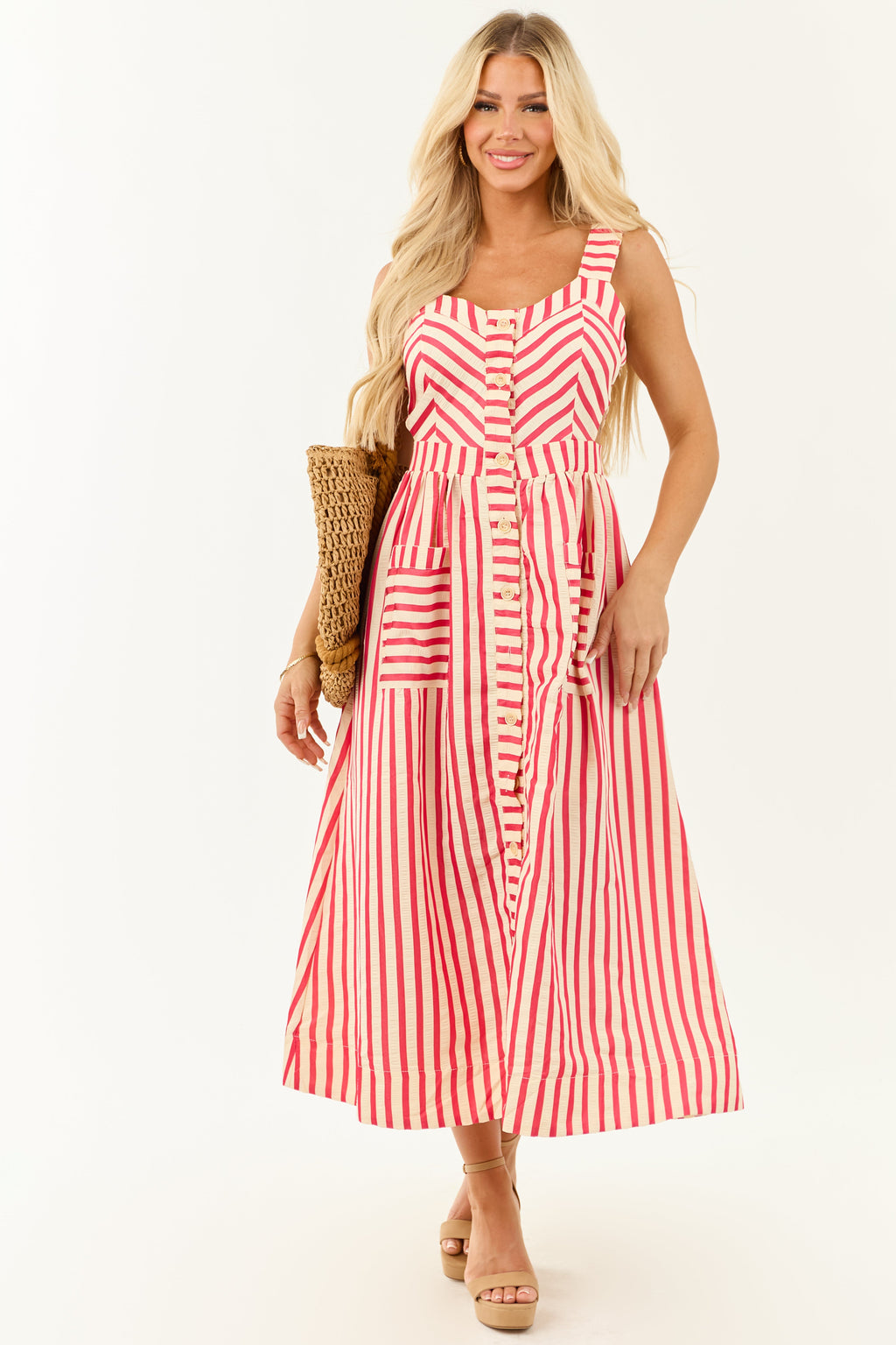 Entro Crimson and Cream Striped Cut Out Midi Dress