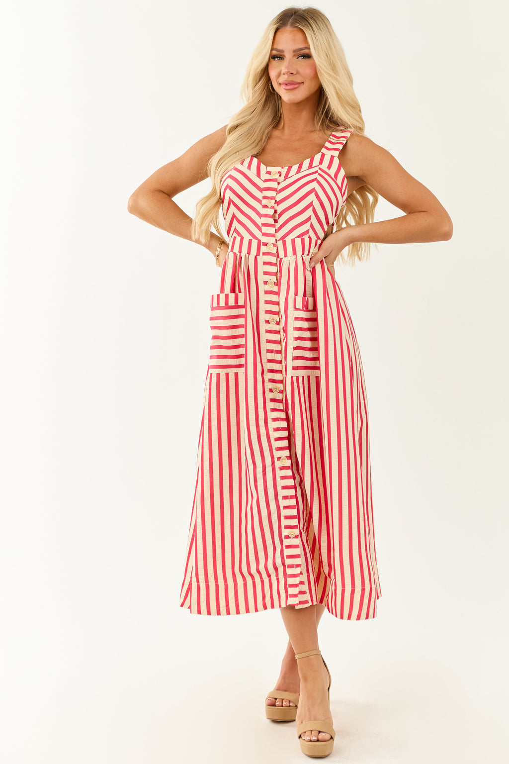 Entro Crimson and Cream Striped Cut Out Midi Dress