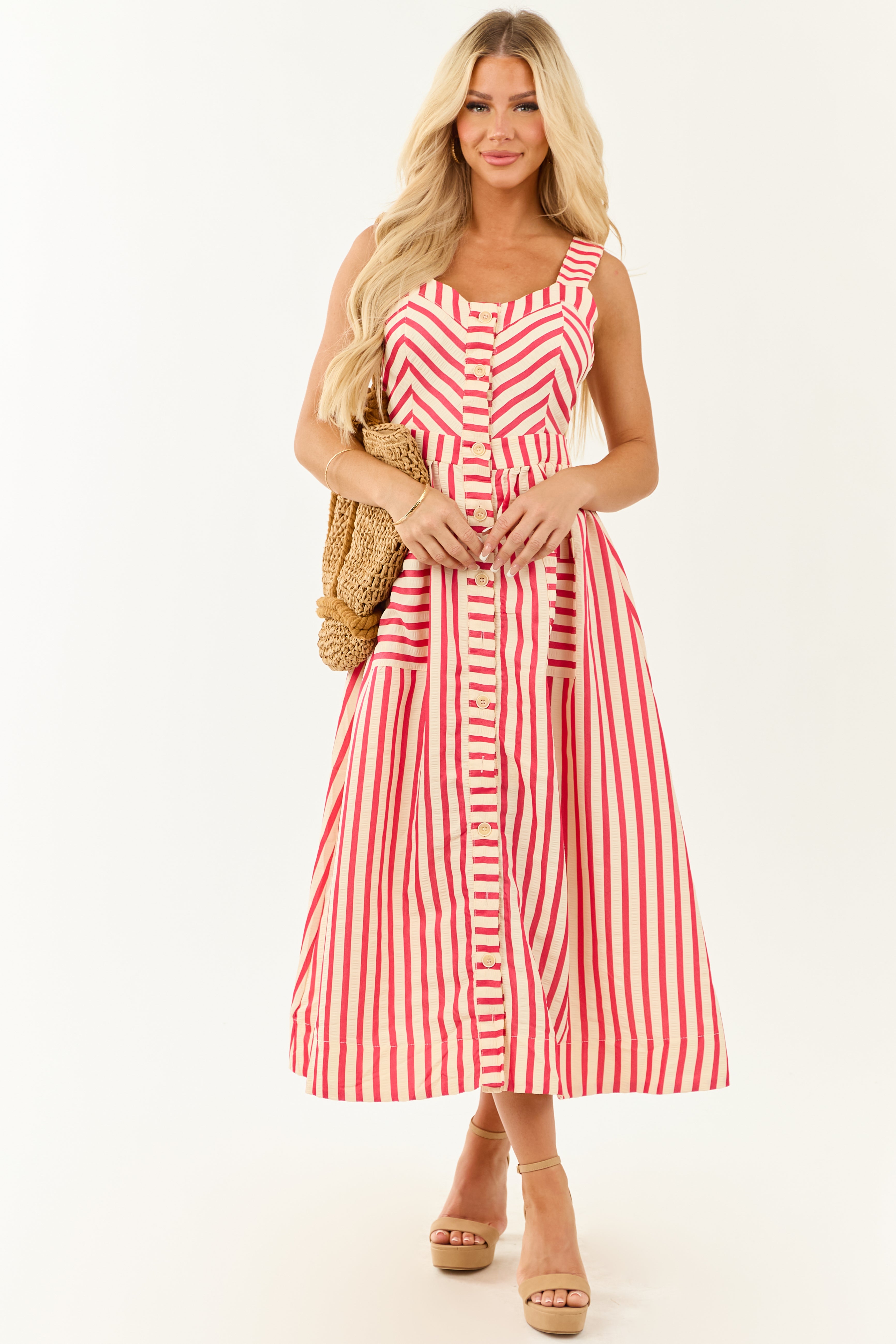 Entro Crimson and Cream Striped Cut Out Midi Dress