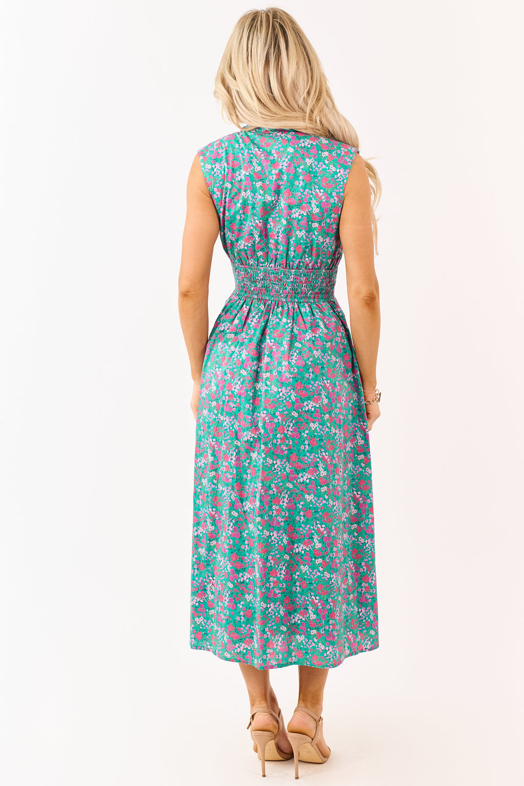 Entro Jungle Green Cotton Floral Zip Up Midi Dress