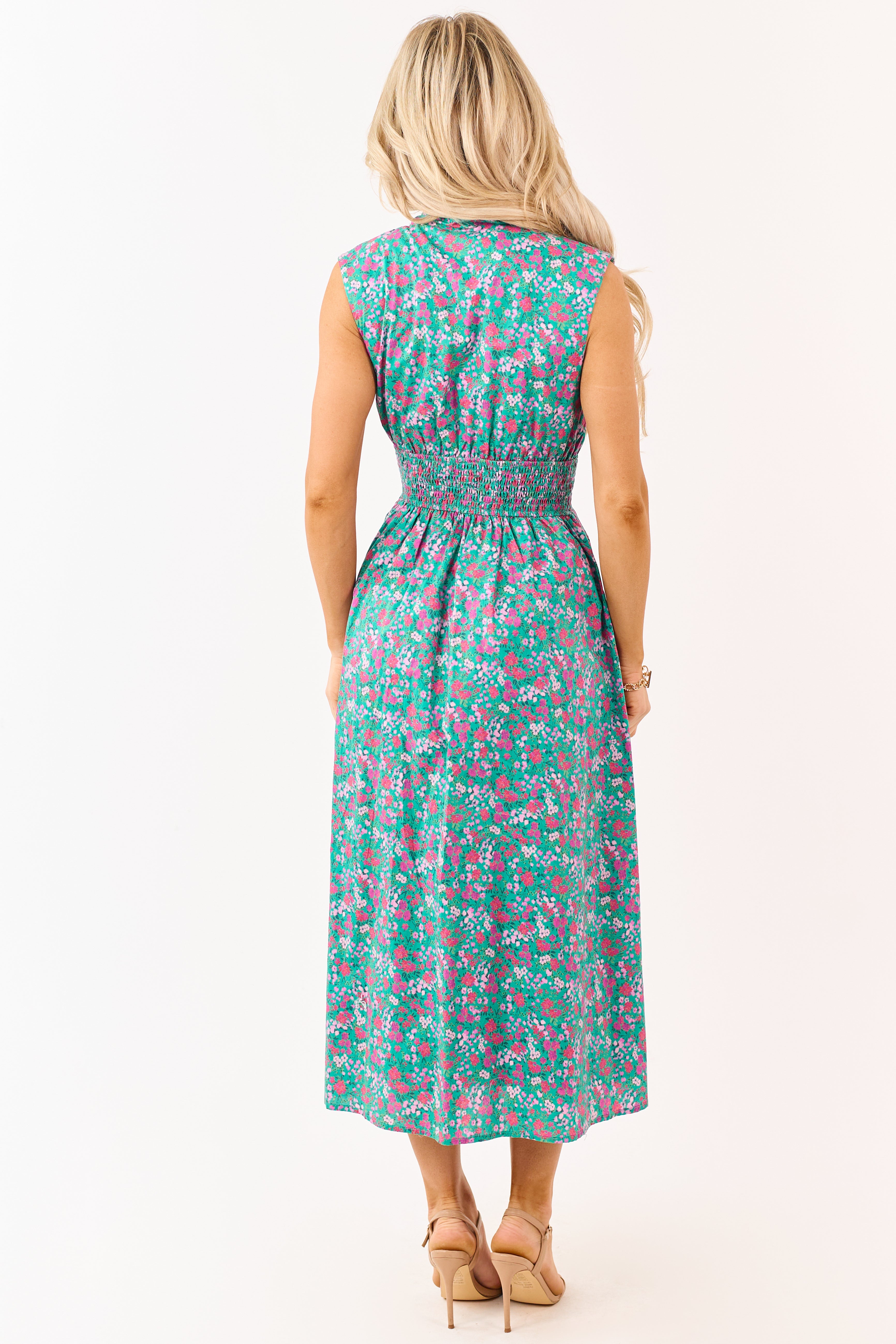Entro Jungle Green Cotton Floral Zip Up Midi Dress
