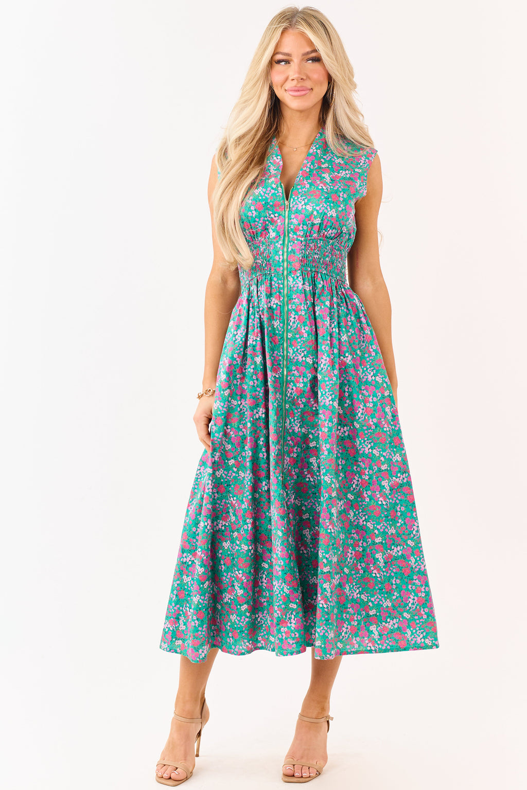 Entro Jungle Green Cotton Floral Zip Up Midi Dress