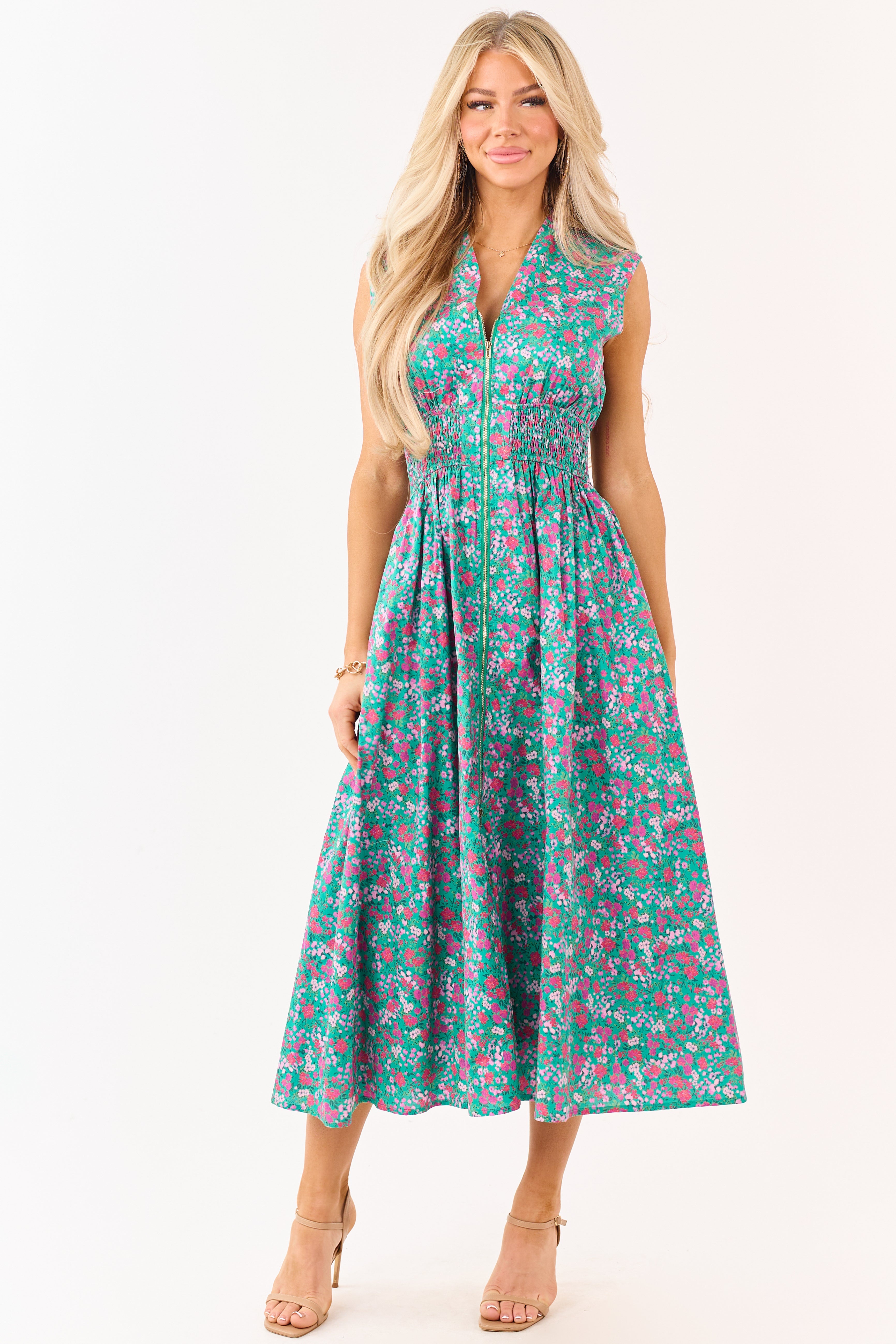 Entro Jungle Green Cotton Floral Zip Up Midi Dress