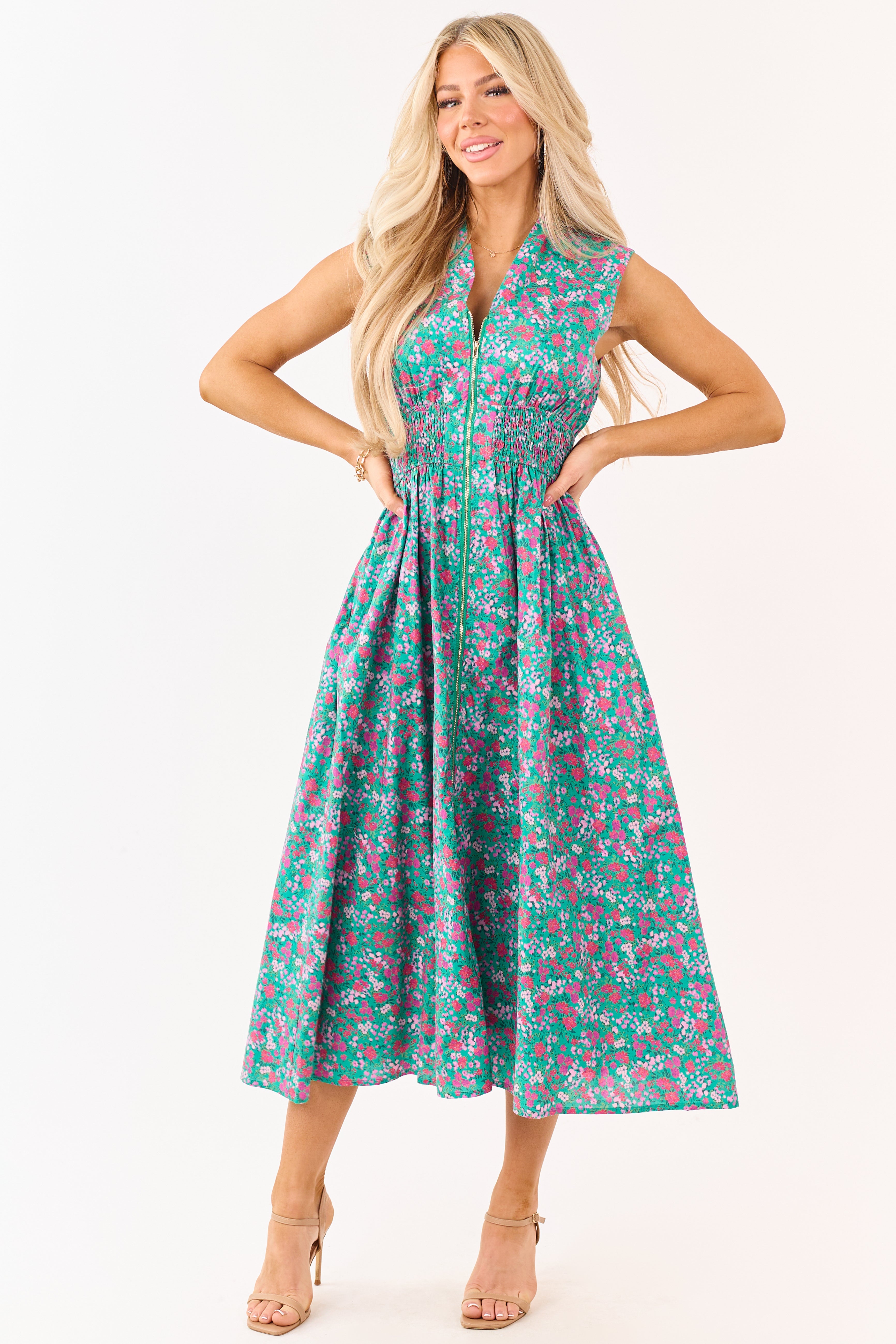 Entro Jungle Green Cotton Floral Zip Up Midi Dress
