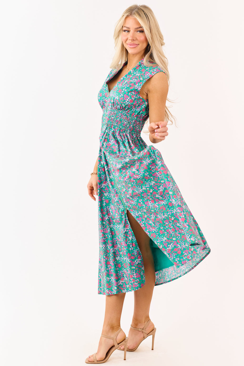 Entro Jungle Green Cotton Floral Zip Up Midi Dress